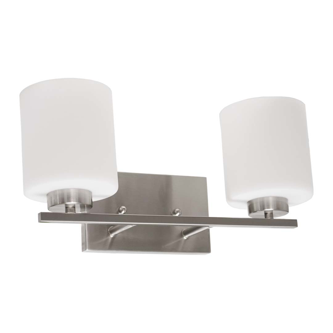 2-Light White Glass Vanity - Functional Vanities in Brushed Nickel
