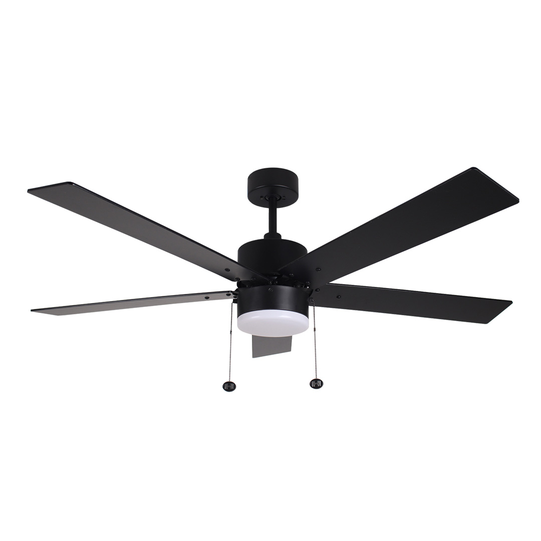 5-Blade 52" Modern Cylinder Fan Matte Black/Walnut Blades Pull Chain 3K, 4K, 5K - Clean-Line Indoor Fans in Matte Black