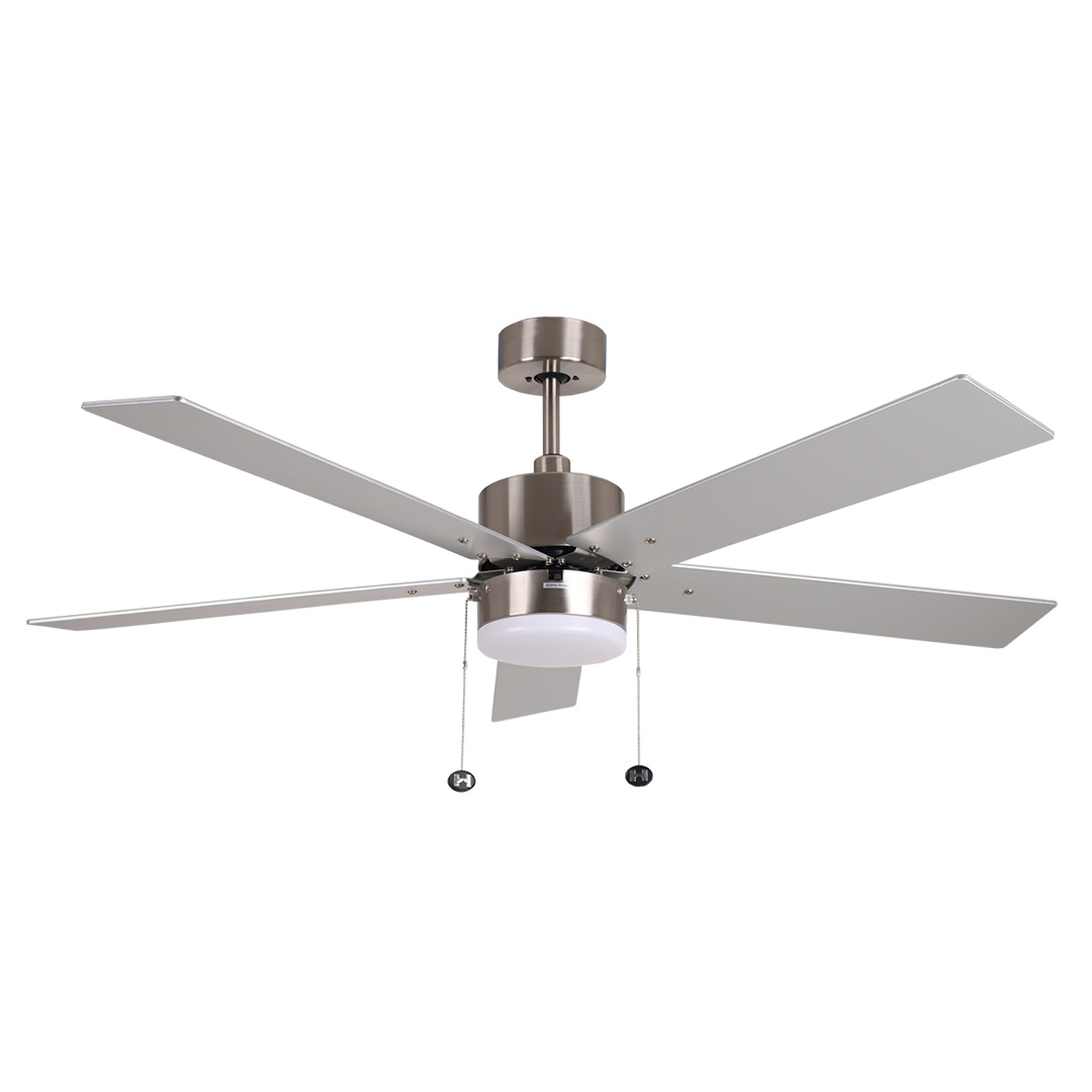 5-Blade 52" Modern Cylinder Fan Silver/Walnut Blades Pull Chain 3K, 4K, 5K - Chic Indoor Fans in Brushed Nickel