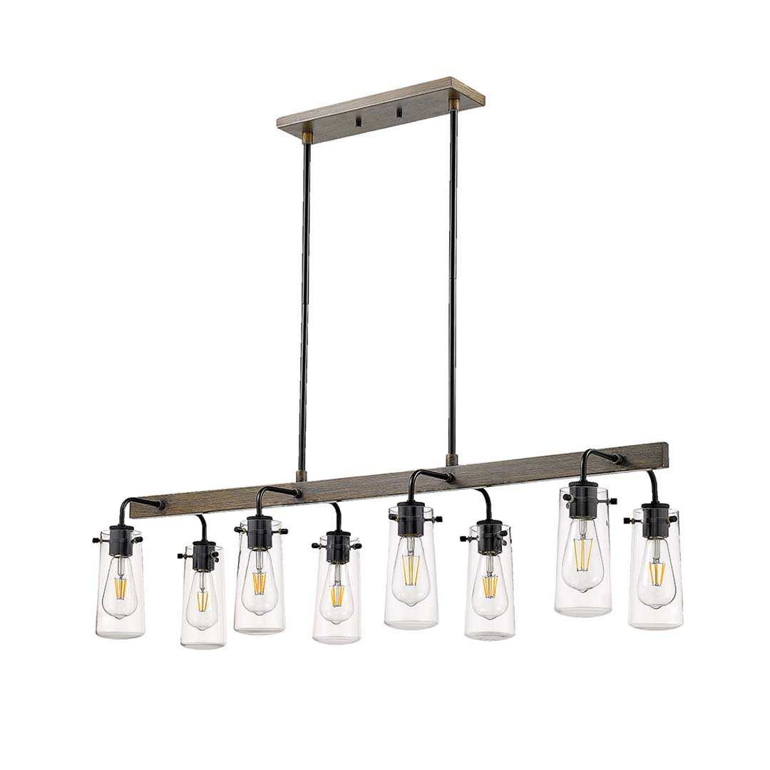 Roxton 8-Light Island Clear Glass with Wood Style Accents - Sophisticated Pendants in Matte Black