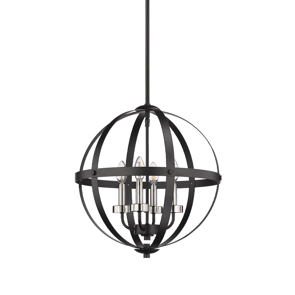 Aura 12" 3-Light Strap Steel Sphere with MB,CG, and Candle Covers - Minimalist Pendants in Matte Black / Brushed Nickel