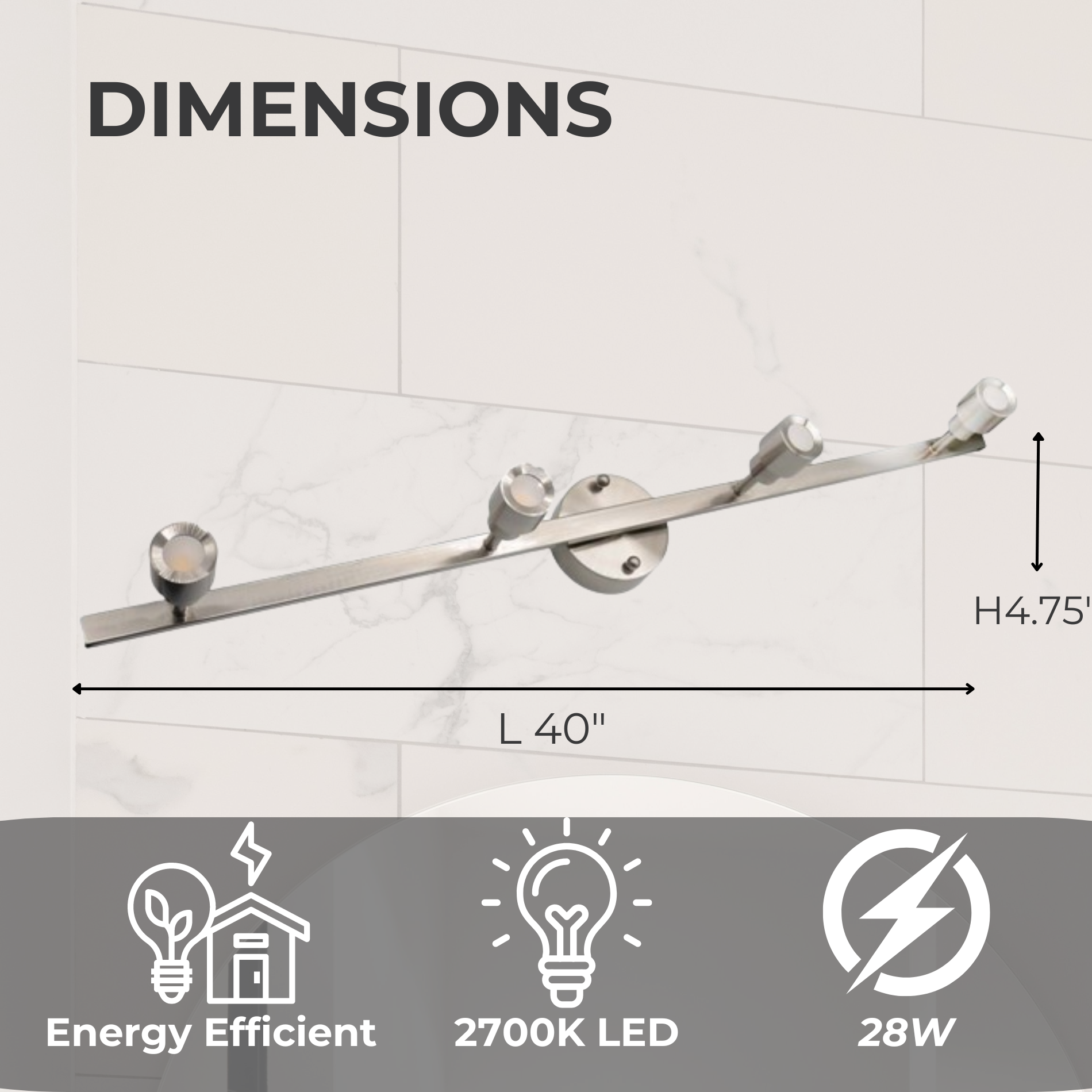 4-Head LED Bar Light - 4 x 7W LED heads 2700K - Minimalist Track Lights in Brushed Nickel
