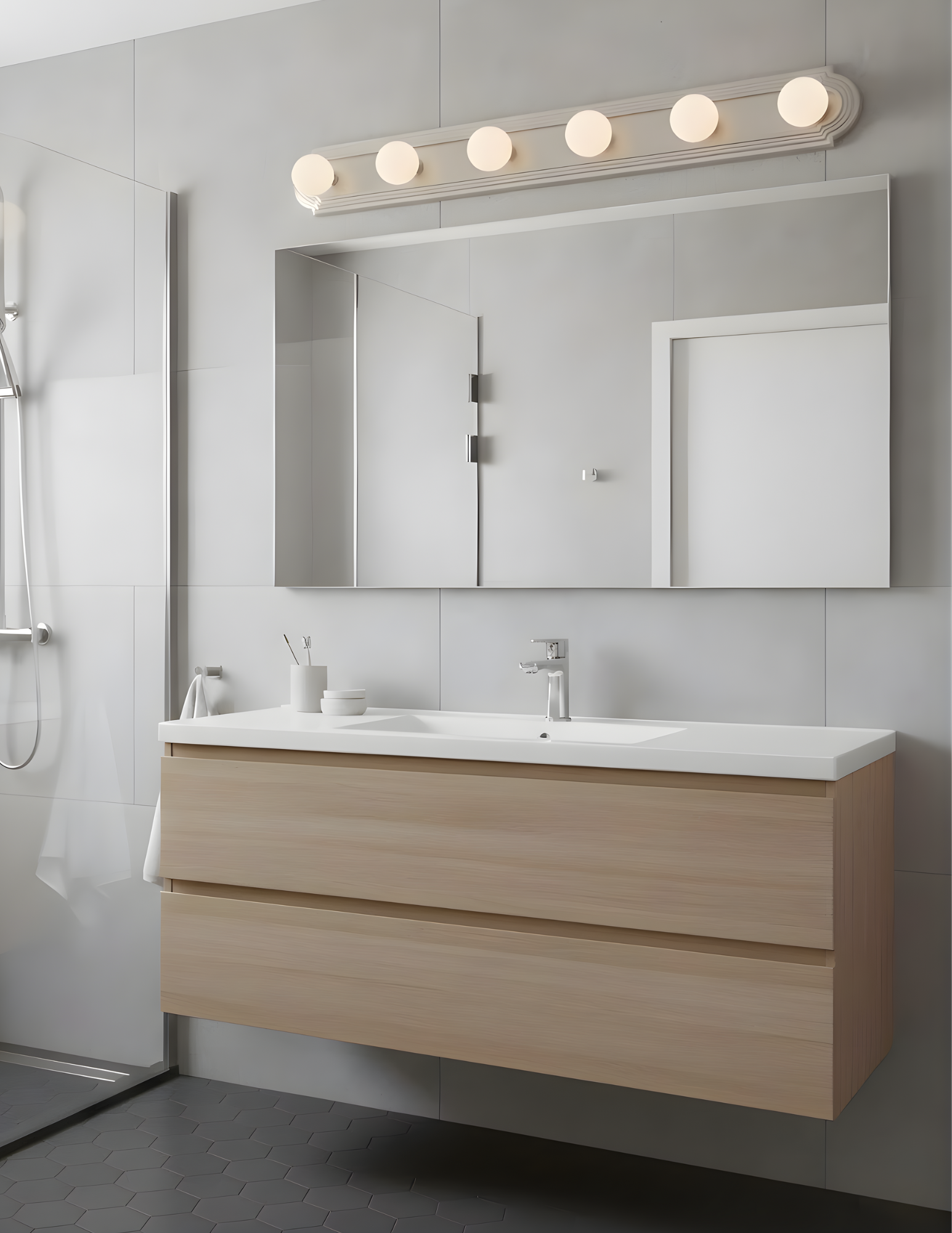 6-Light Racetrack Vanity - Minimalist Vanities in Brushed Nickel