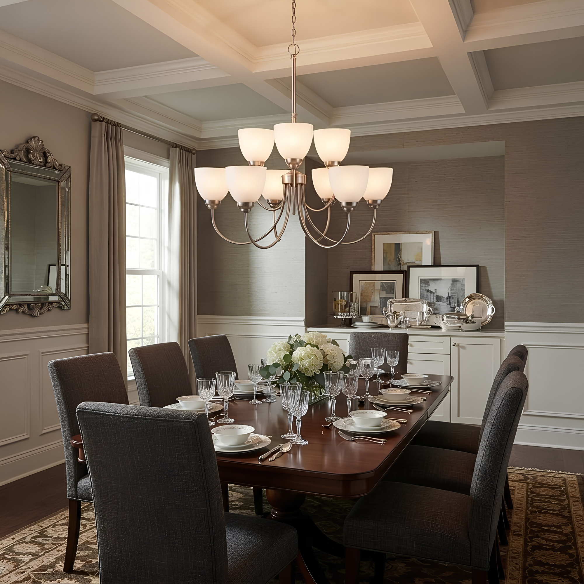 Laredo 9-Light Chandelier White Glass - Sleek Chandeliers in Brushed Nickel