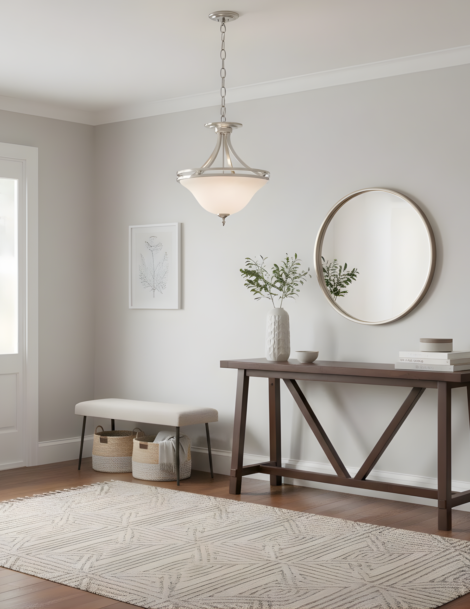 Dallas 16' White Glass Short Entry Bowl - Statement-Making Ceiling Mounts in Brushed Nickel