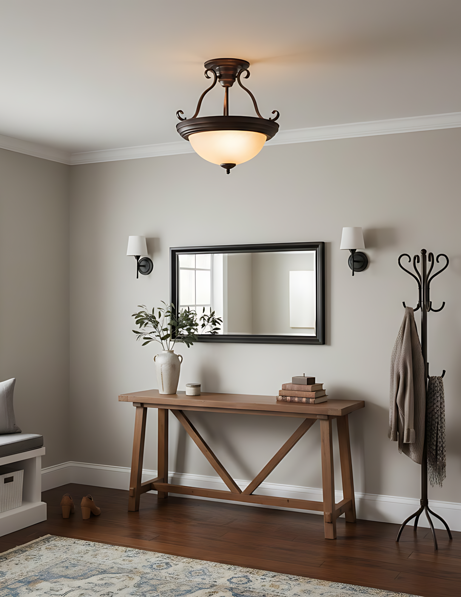 Semi Flush Entry Fixture Tea Stained Glass - Statement-Making Ceiling Mounts in Rubbed Bronze