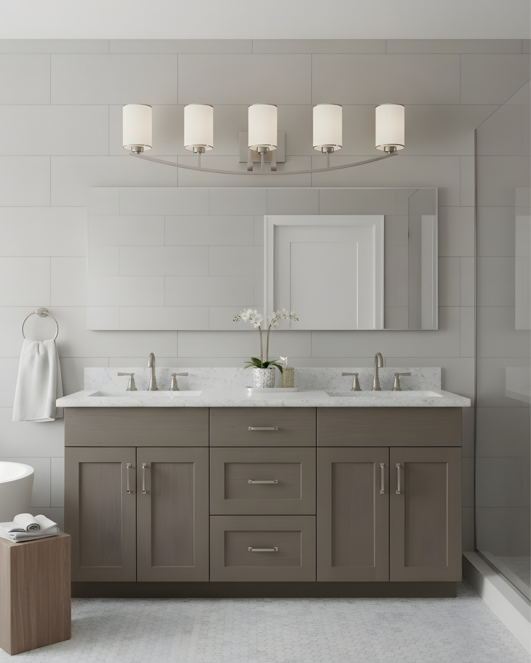 Lexington 5-Light White Glass Vanity - High-Design Vanities in Brushed Nickel