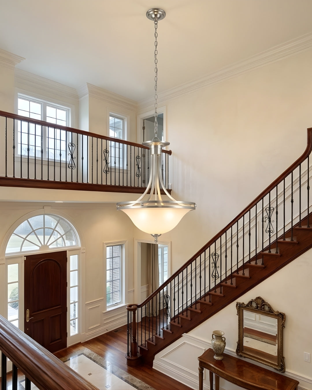 Dallas 16' Glass Bowl Entry Fixture White - Transitional Pendants in Brushed Nickel