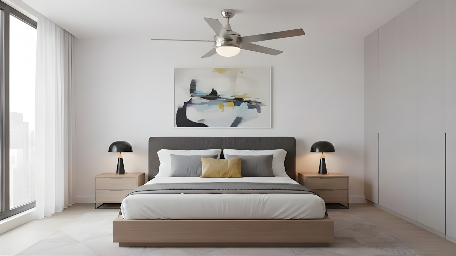 5-Blade Contemporary Ceiling Fan - Silver/Walnut Blades - Architectural-Inspired Indoor Fans in Brushed Nickel