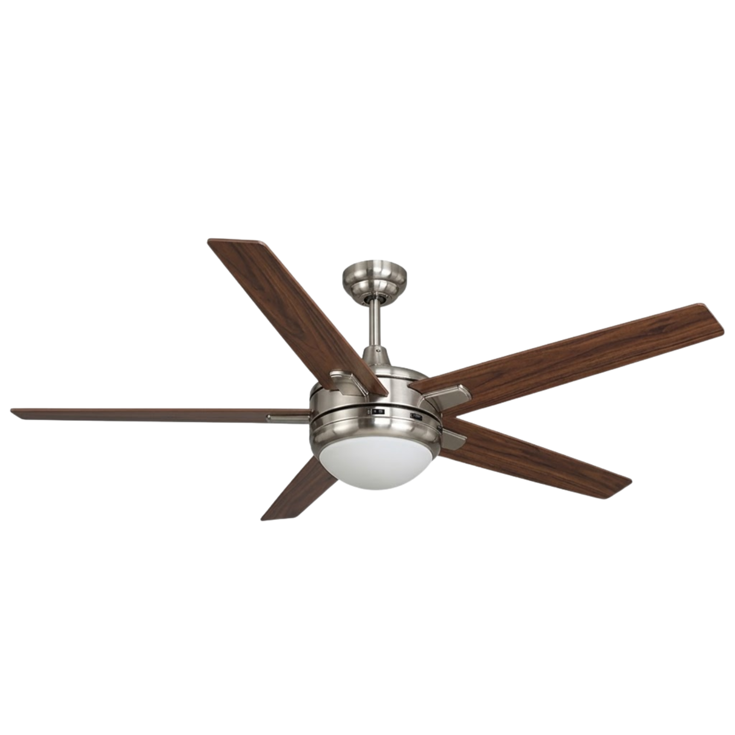 5-Blade Contemporary Ceiling Fan - Silver/Walnut Blades - Architectural-Inspired Indoor Fans in Brushed Nickel