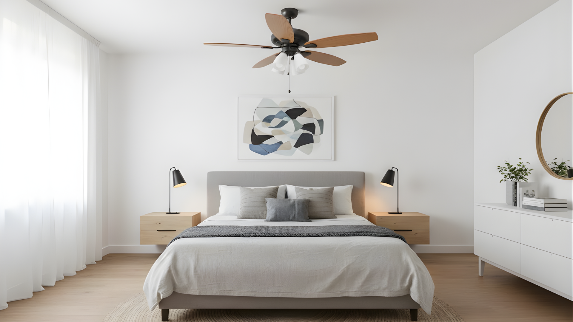 52" 5-Blade UFO Fan Oak/Walnut Blades 4-Light White Glass LED Kit - Minimalist Indoor Fans in Rubbed Bronze