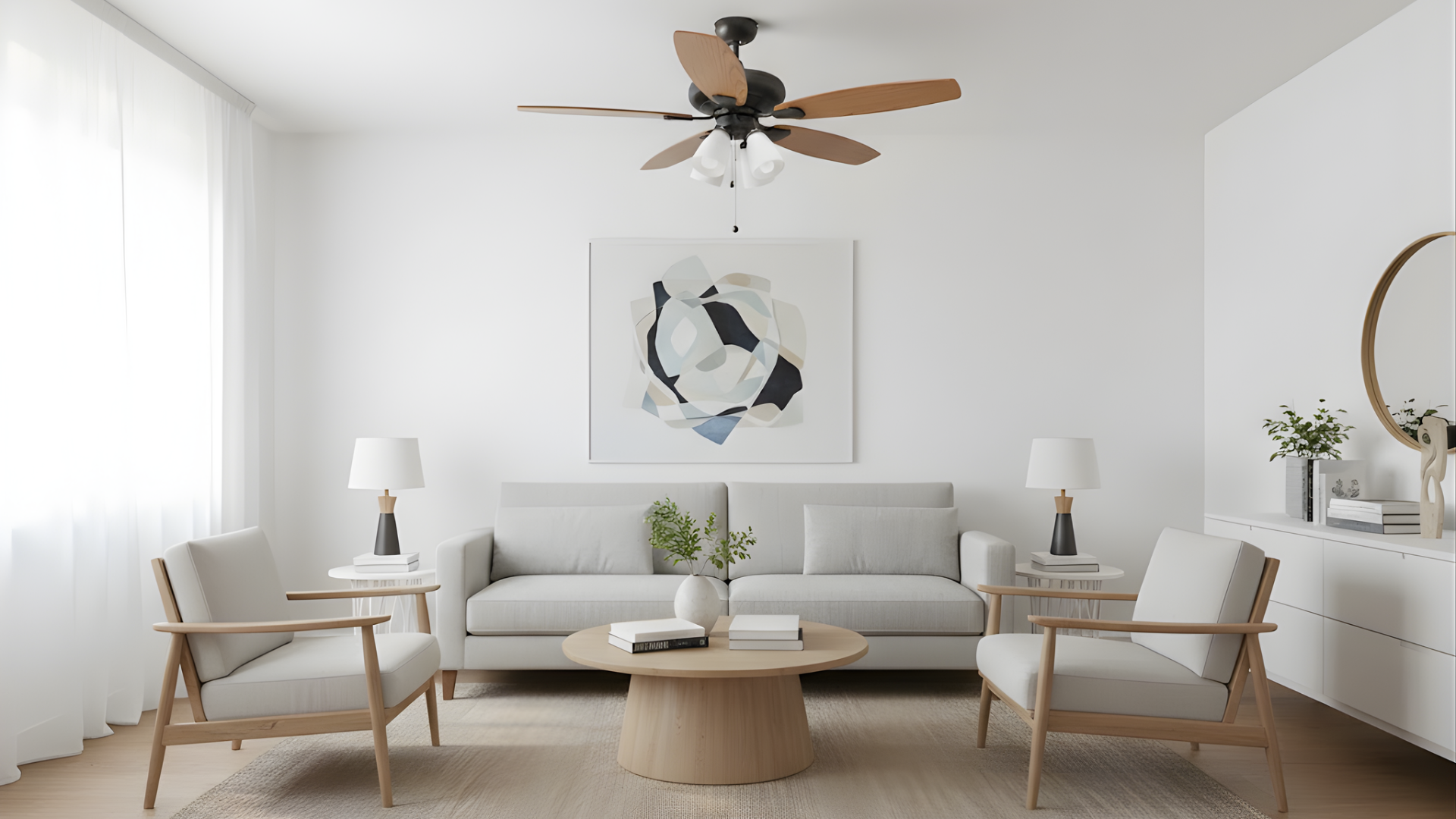 52" 5-Blade UFO Fan Oak/Walnut Blades 4-Light White Glass LED Kit - Minimalist Indoor Fans in Rubbed Bronze
