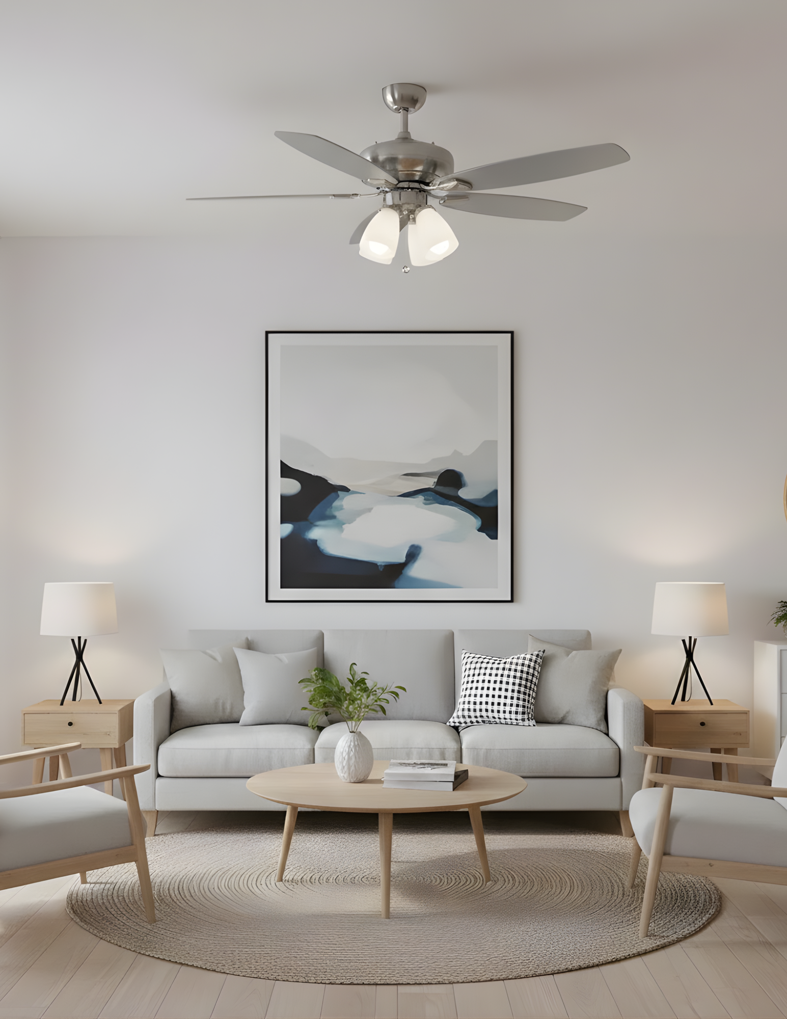 52" 5-Blade UFO Fan Silver/Walnut Blades 4-Light White Glass LED Kit - Decorative Indoor Fans in Brushed Nickel