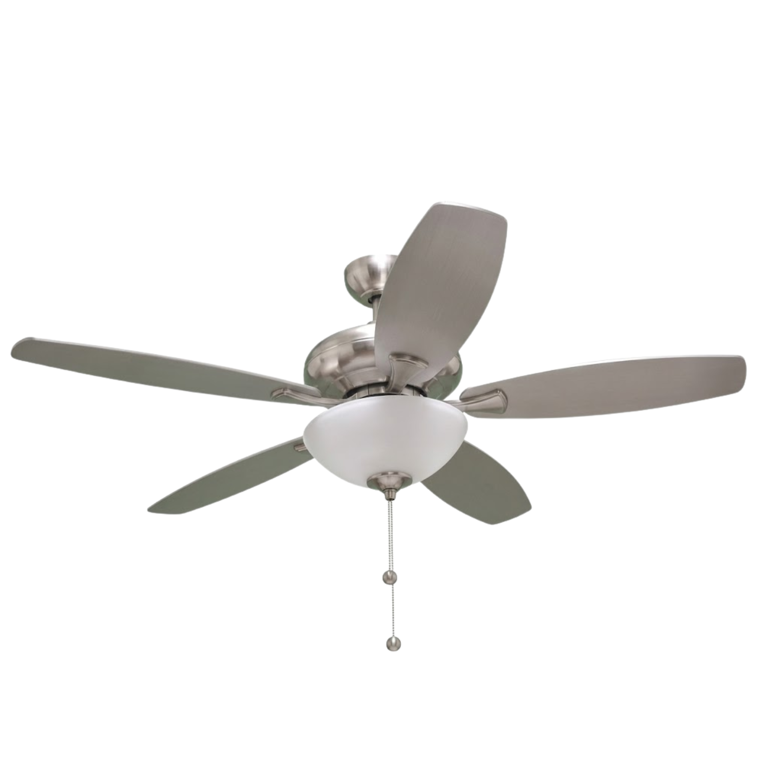 52" 5-Blade UFO Fan NK Silver/Walnut Blades 2-Light Bowl White Glass LED Kit