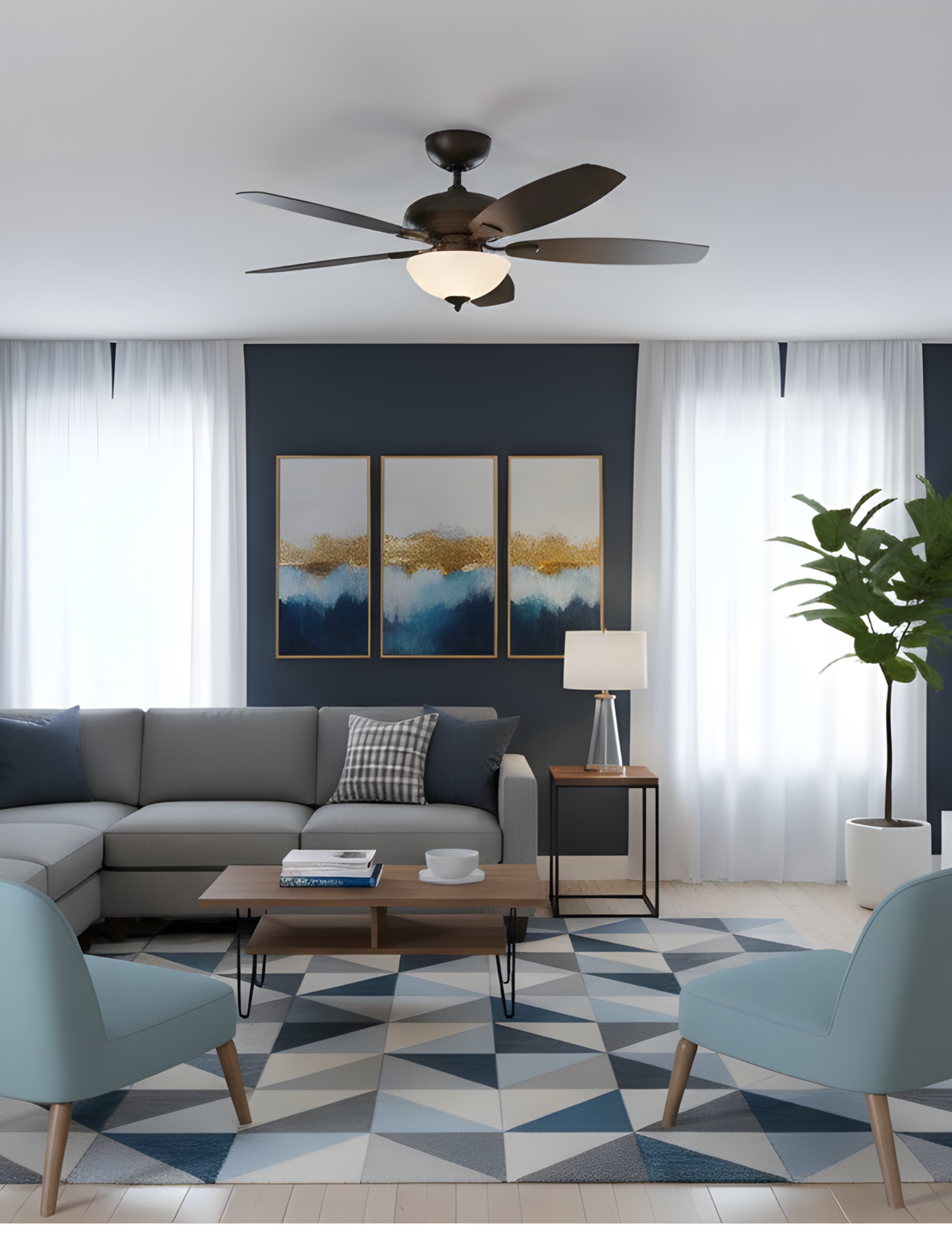 52" 5-Blade UFO Fan NK Silver/Walnut Blades 2-Light Bowl White Glass LED Kit