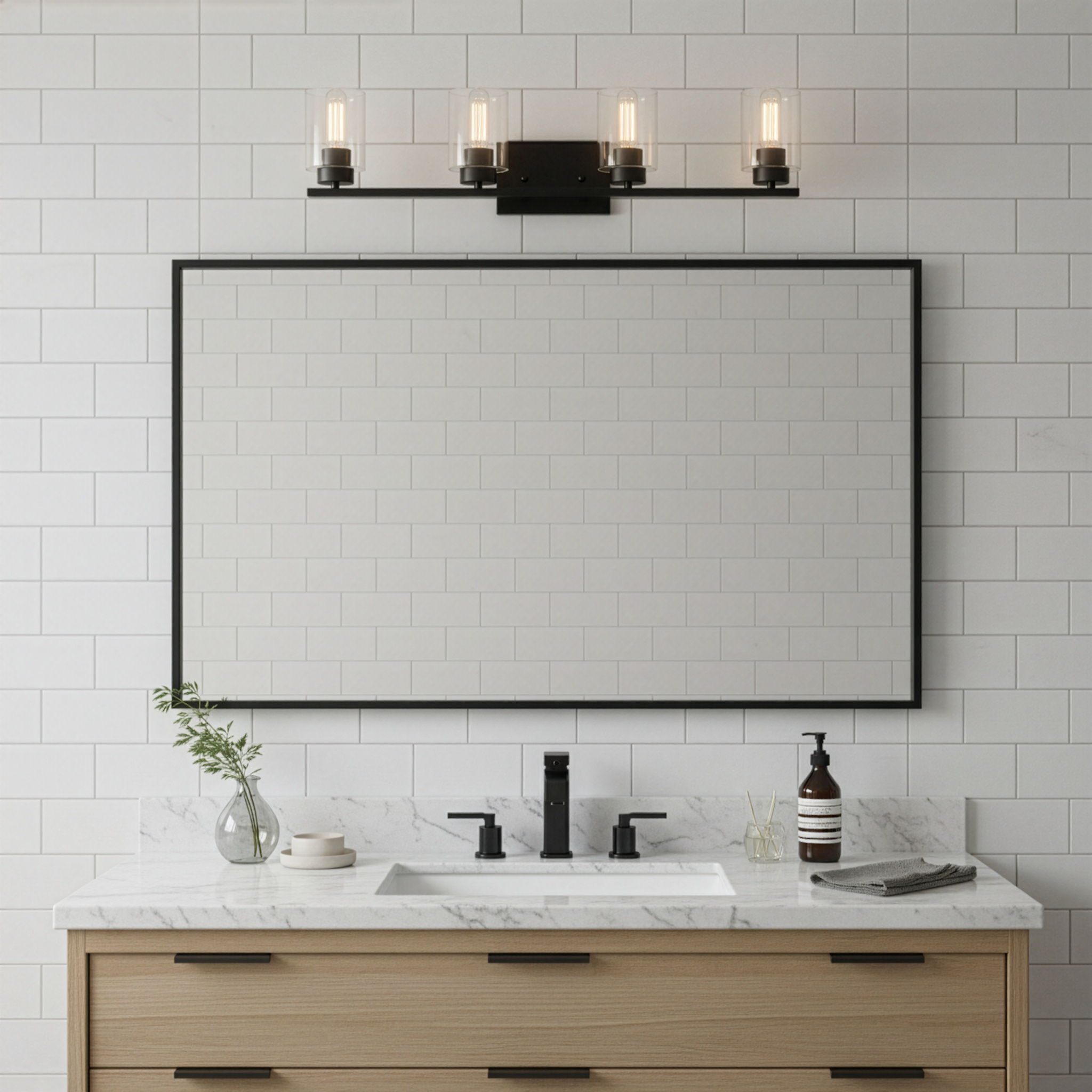 4-Light Clear Glass Vanity - Eye-Catching Vanities in Matte Black