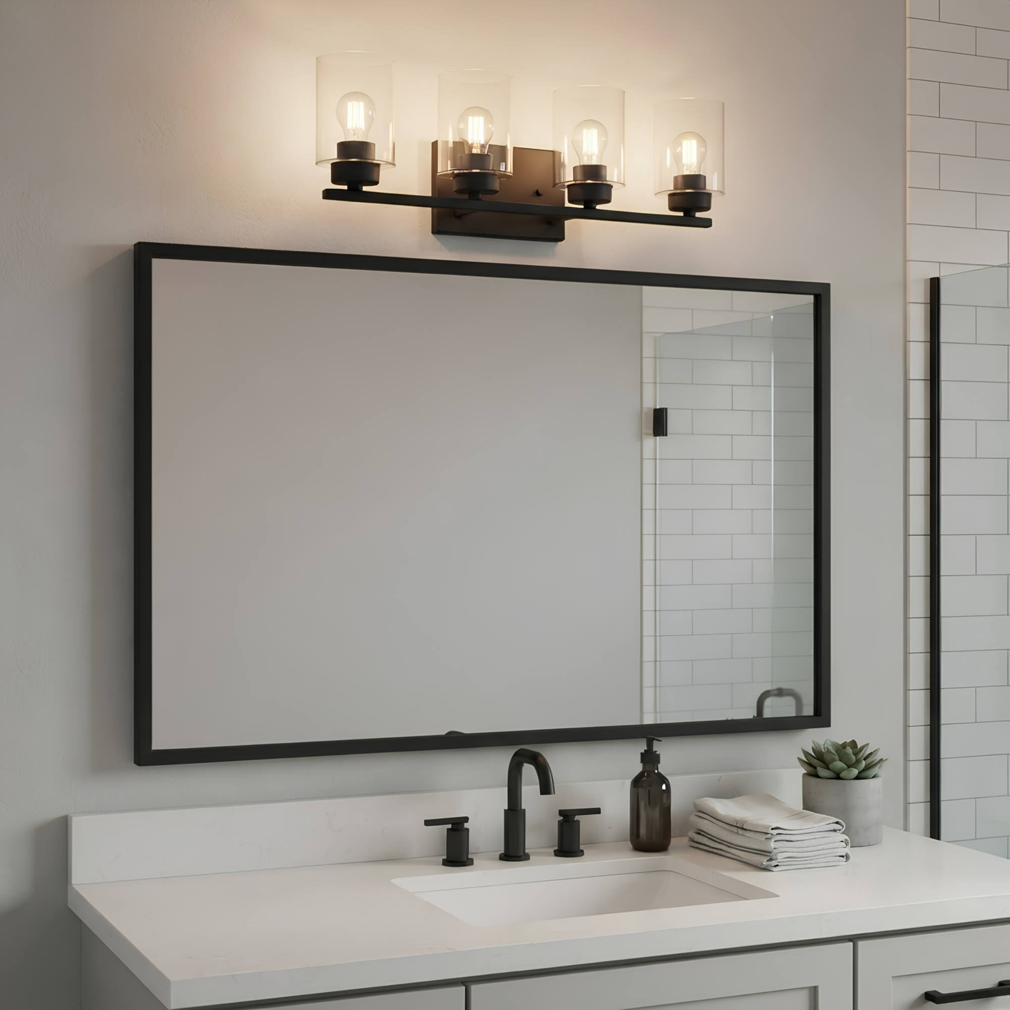 4-Light Clear Glass Vanity - Eye-Catching Vanities in Matte Black
