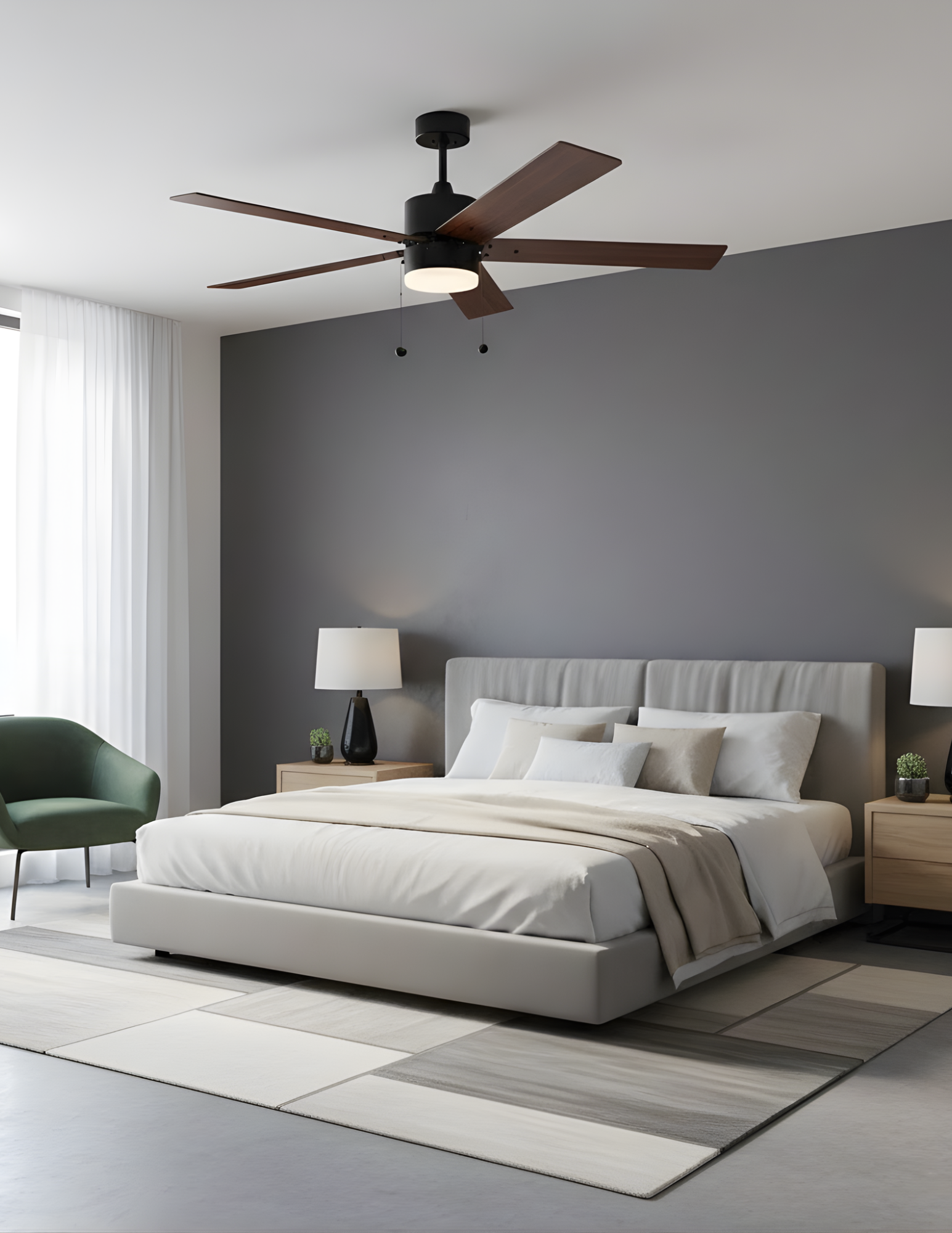 5-Blade 52" Modern Cylinder Fan Matte Black/Walnut Blades Pull Chain 3K, 4K, 5K - Clean-Line Indoor Fans in Matte Black
