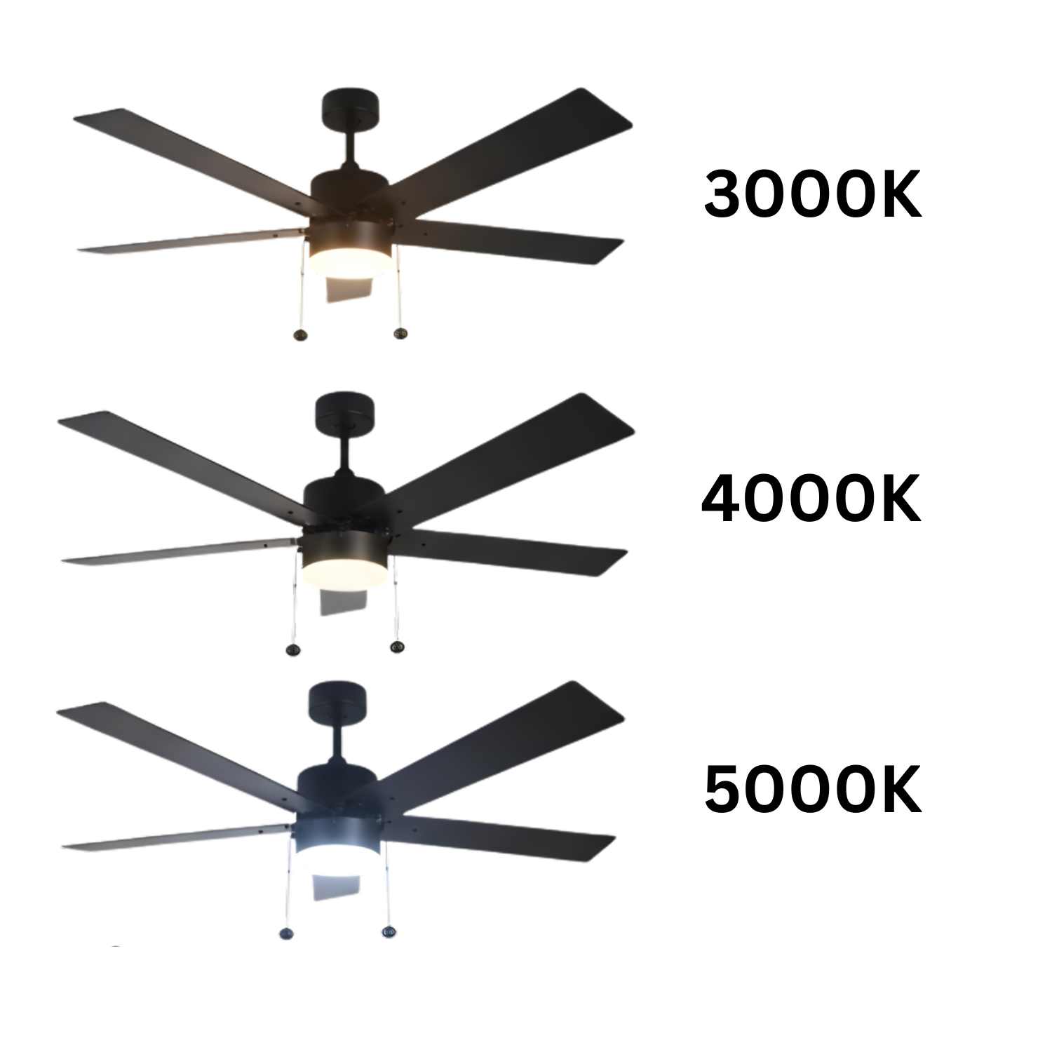 5-Blade 52" Modern Cylinder Fan Matte Black/Walnut Blades Pull Chain 3K, 4K, 5K - Clean-Line Indoor Fans in Matte Black