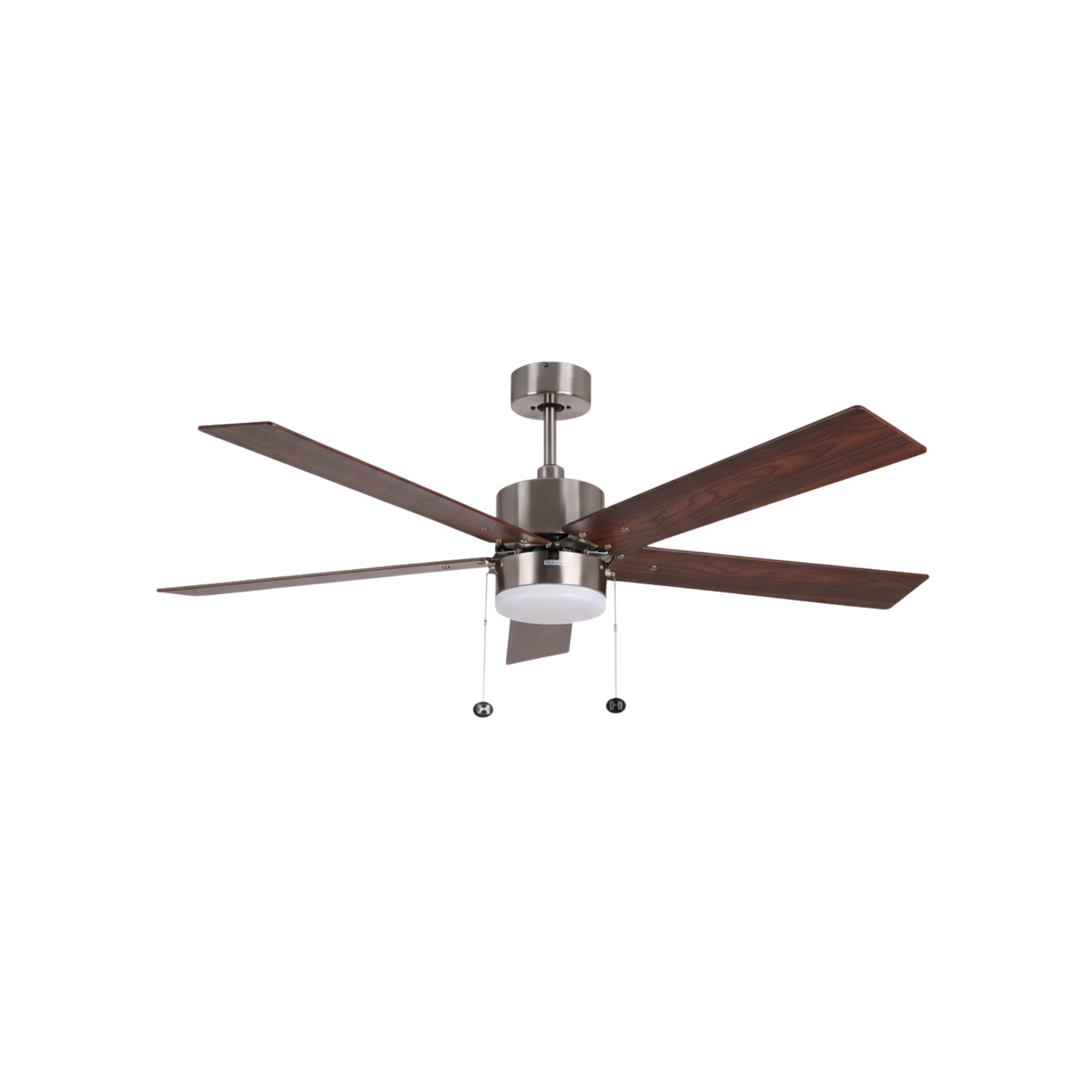 5-Blade 52" Modern Cylinder Fan Silver/Walnut Blades Pull Chain 3K, 4K, 5K - Chic Indoor Fans in Brushed Nickel