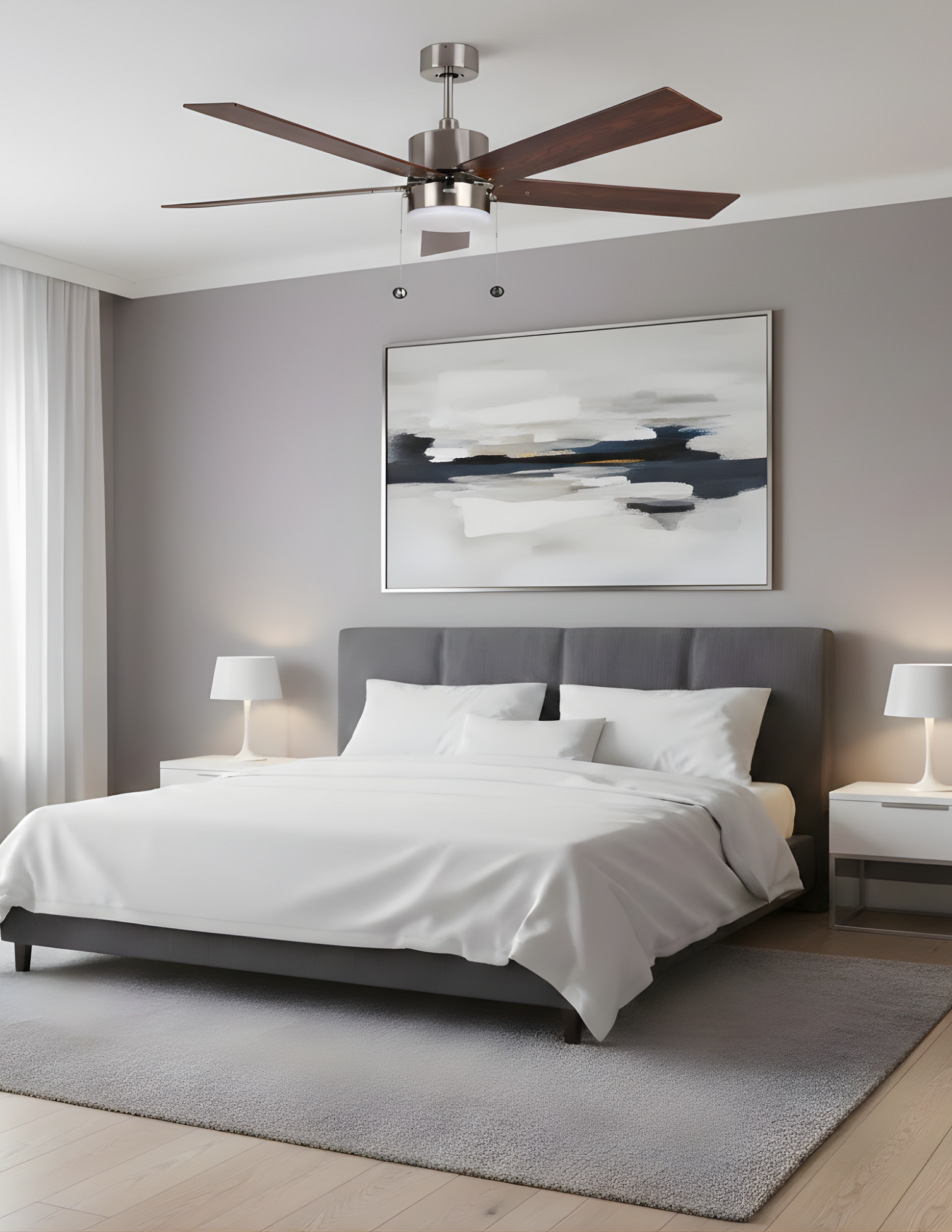 5-Blade 52" Modern Cylinder Fan Silver/Walnut Blades Pull Chain 3K, 4K, 5K - Chic Indoor Fans in Brushed Nickel