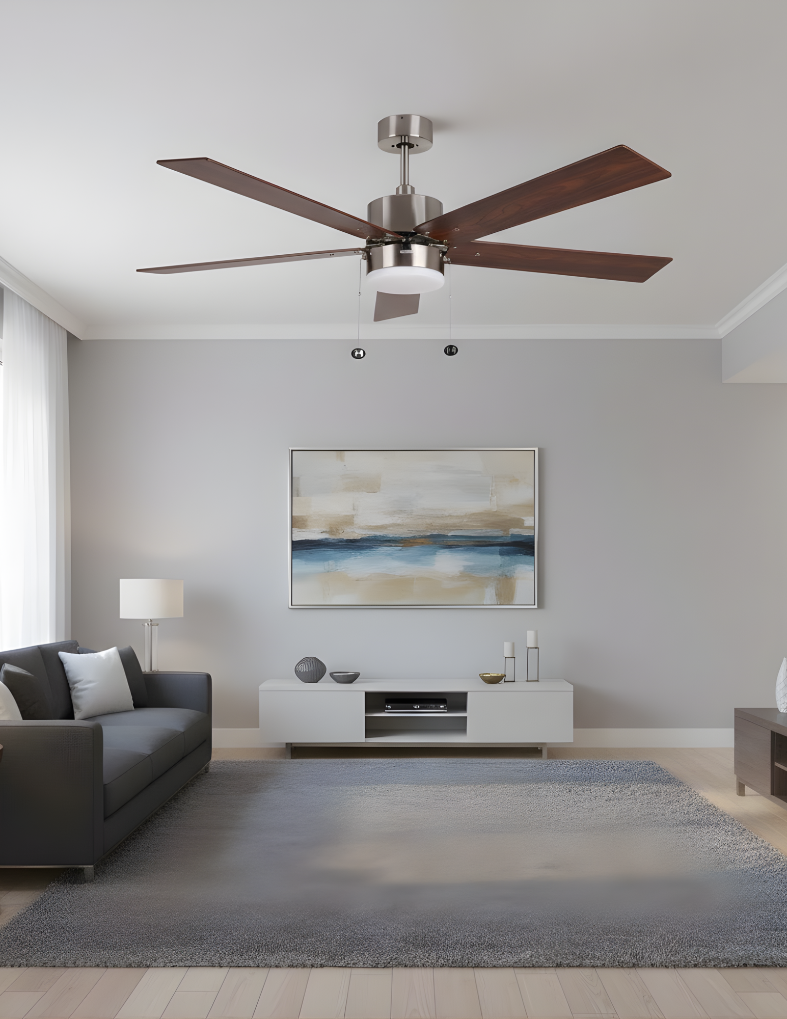 5-Blade 52" Modern Cylinder Fan Silver/Walnut Blades Pull Chain 3K, 4K, 5K - Chic Indoor Fans in Brushed Nickel