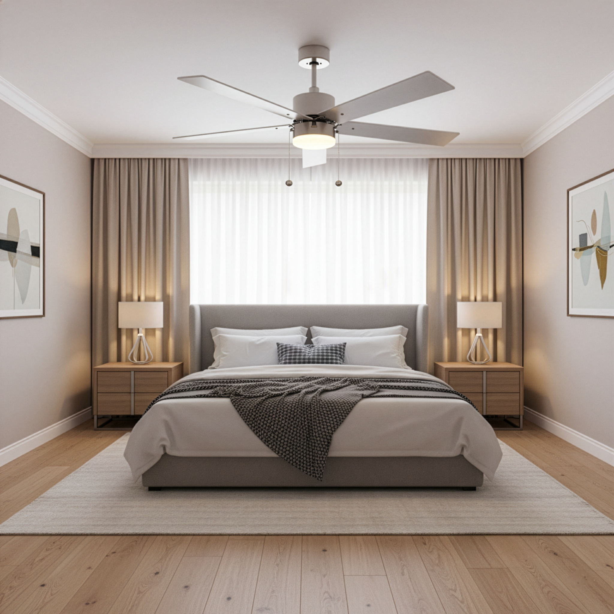 5-Blade 52" Modern Cylinder Fan Silver/Walnut Blades Pull Chain 3K, 4K, 5K - Chic Indoor Fans in Brushed Nickel