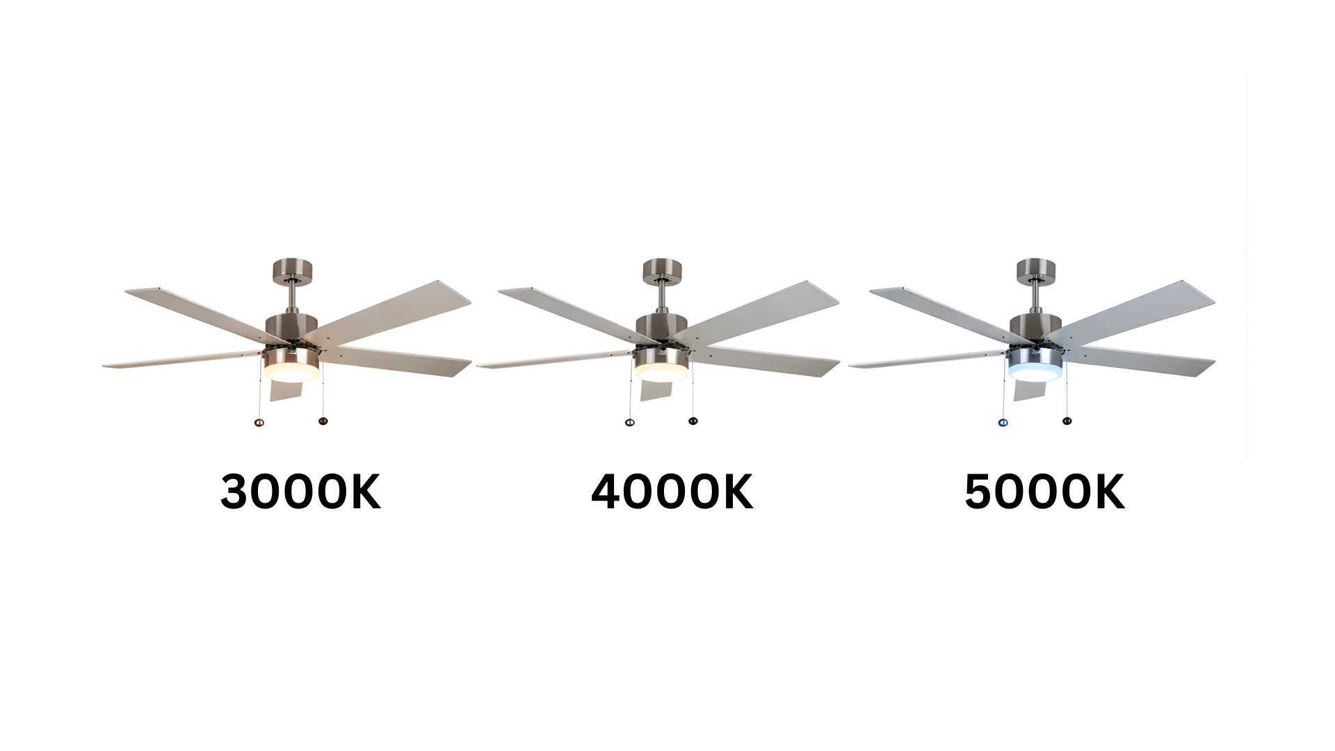 5-Blade 52" Modern Cylinder Fan Silver/Walnut Blades Pull Chain 3K, 4K, 5K - Chic Indoor Fans in Brushed Nickel