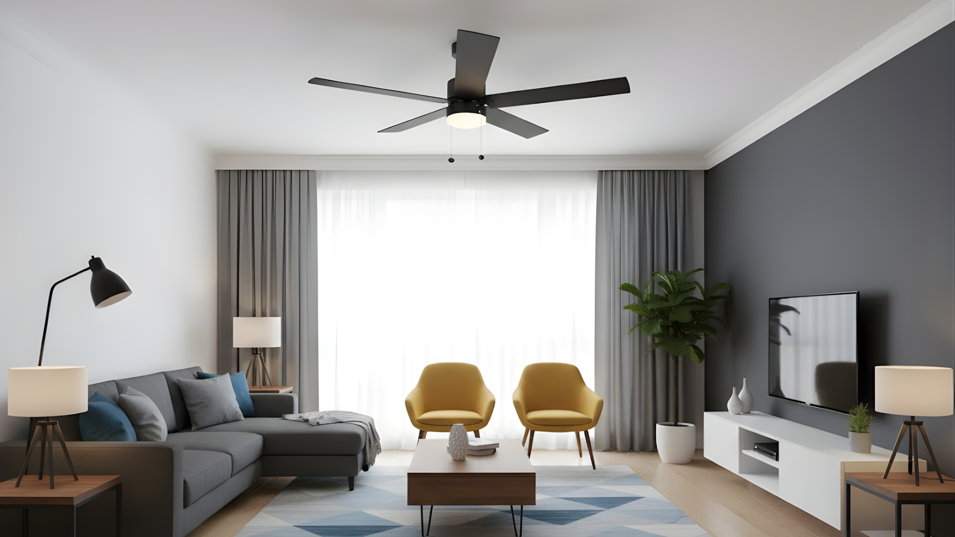 5-Blade 54" MB Modern Damp Location Fan Matte Black Blades Pull Chain 3K, 4K, 5K