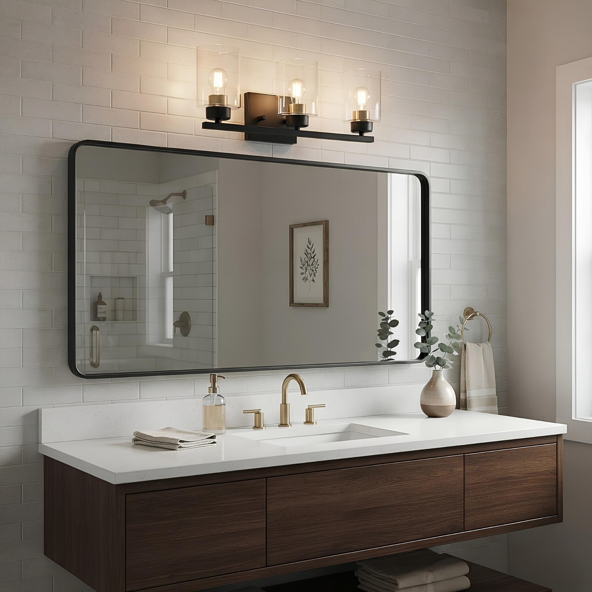 3-Light Clear Glass Vanity - MB w BB Socket Rings