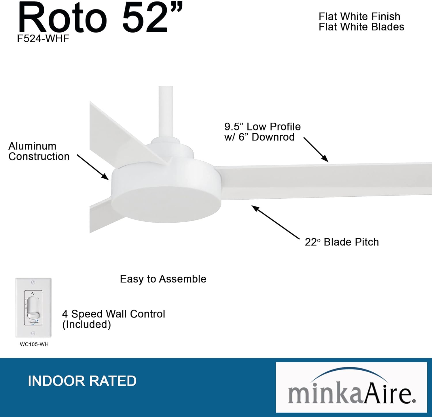 MinkaAire Roto 52″ Ceiling Fan — Flat White, 3 Blades, Wall Control Included
