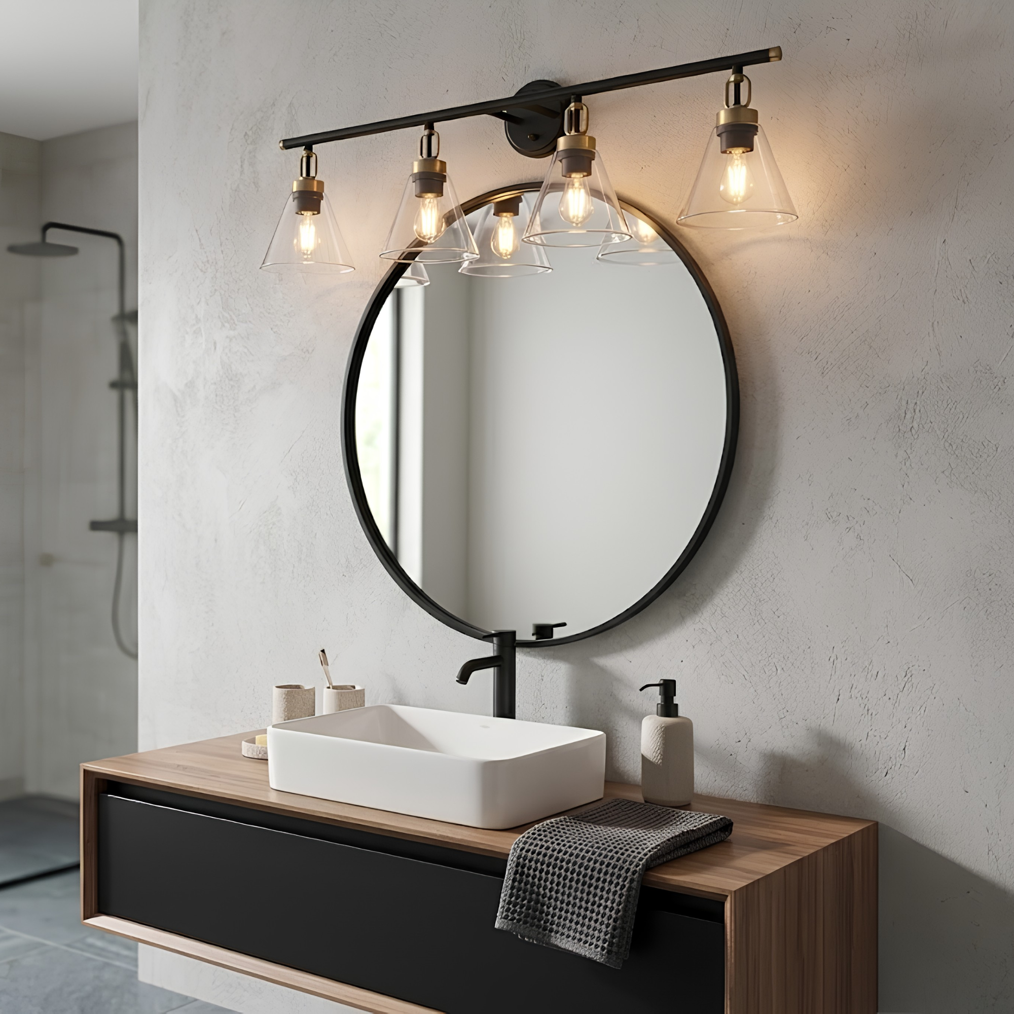 Siene 4-Light Vanity - Matte Black/Champagne Gold - Clear Cone Glass - Refined Vanities