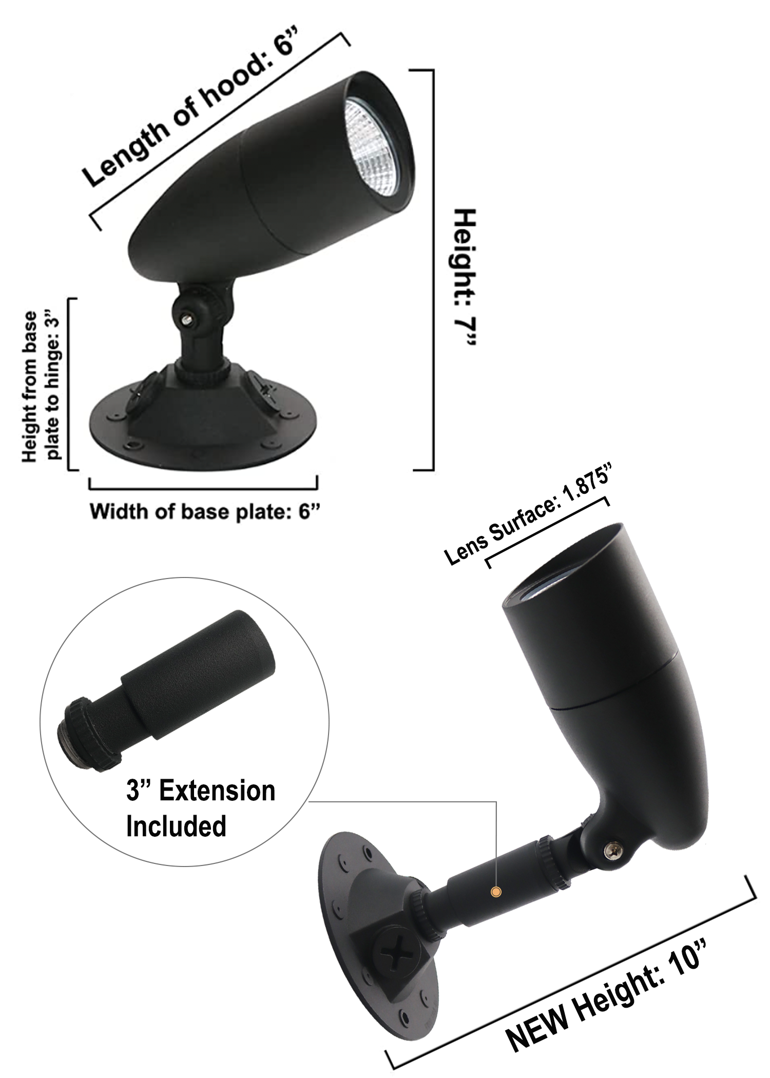 10W LED Small Bullet Flood Includes extension and base - Timeless Flood Lights in Black