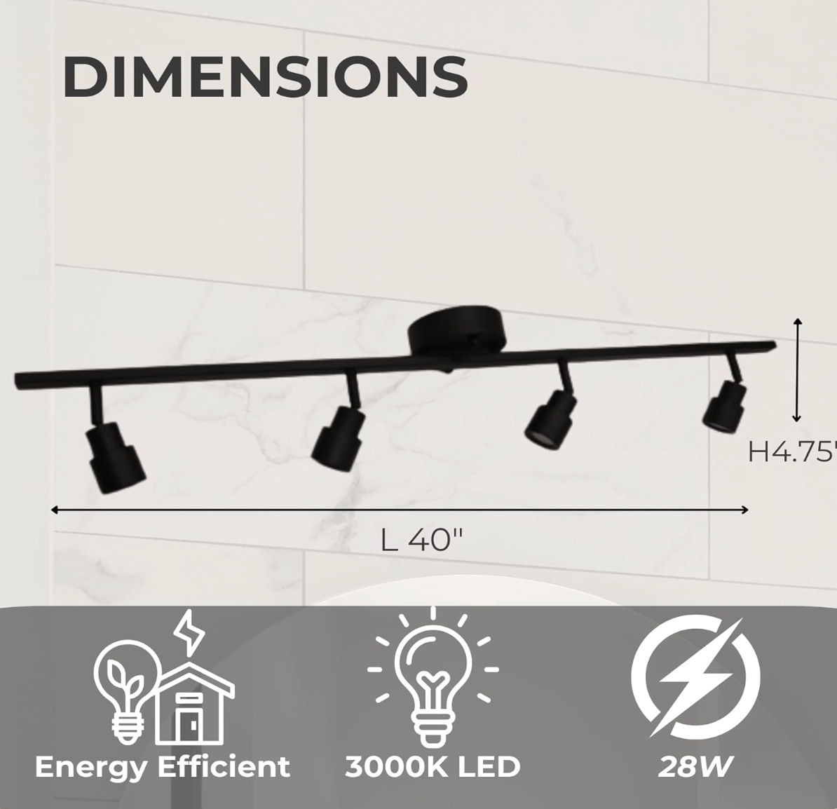 4-Head LED Bar Light - 4 x 7W LED heads 3000K - Decorative Track Lights in Matte Black