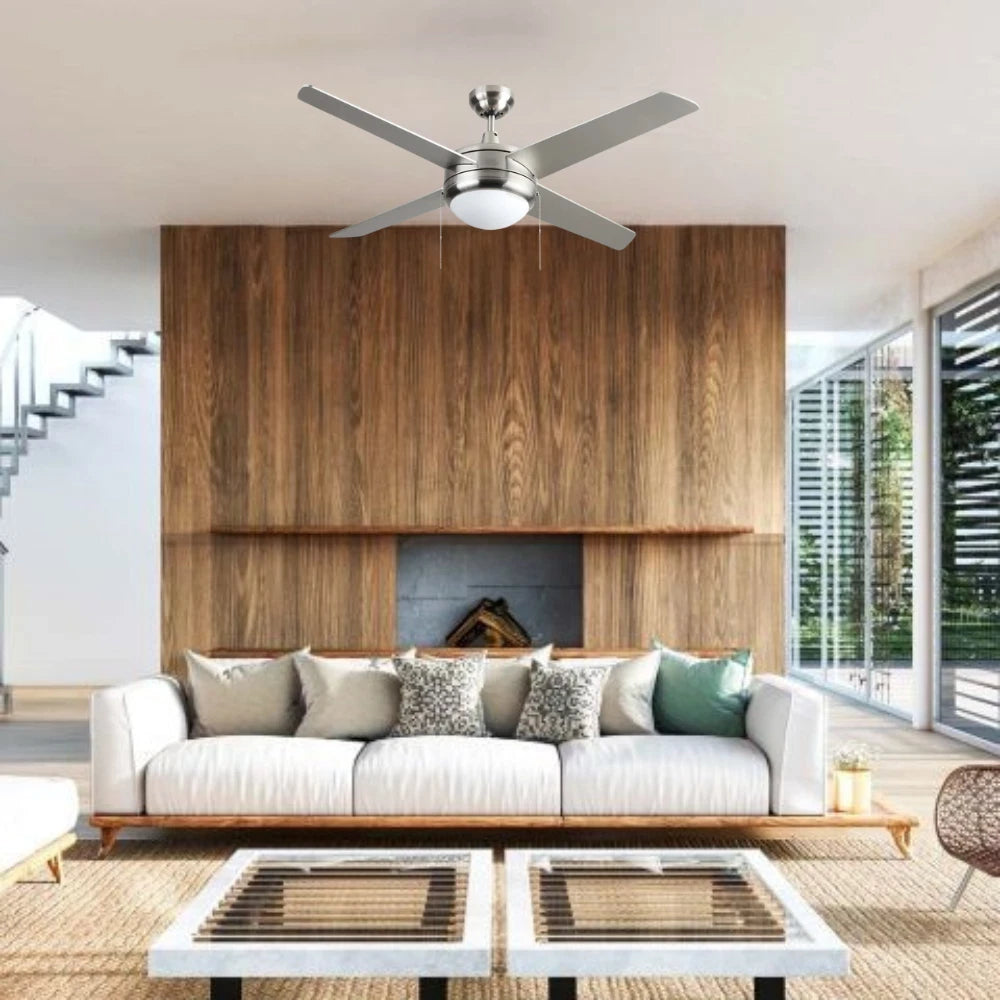 RP Lighting Europa 50″ Ceiling Fan — Brushed Nickel, 4 Blades, LED Light Kit Included - Eye-Catching Indoor Fans