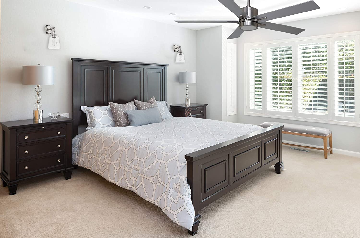 5 blade 52" Nickel Ceiling Fan With Lights and Wall Control