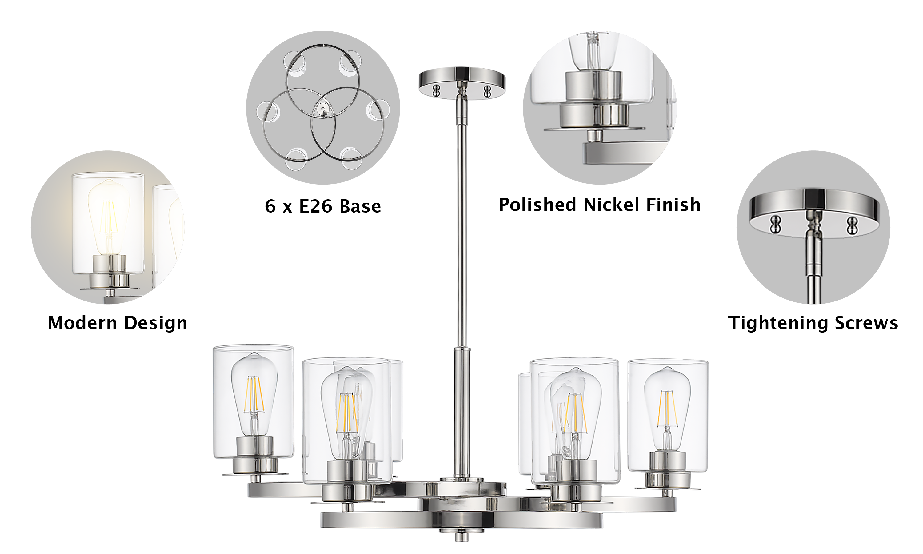 6 light Modern polished nickel chandelier