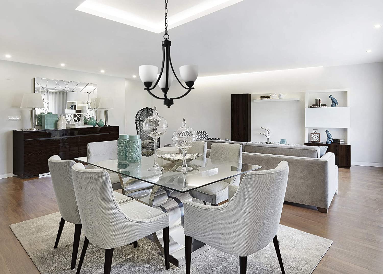 3 light black and white glass chandelier dining room