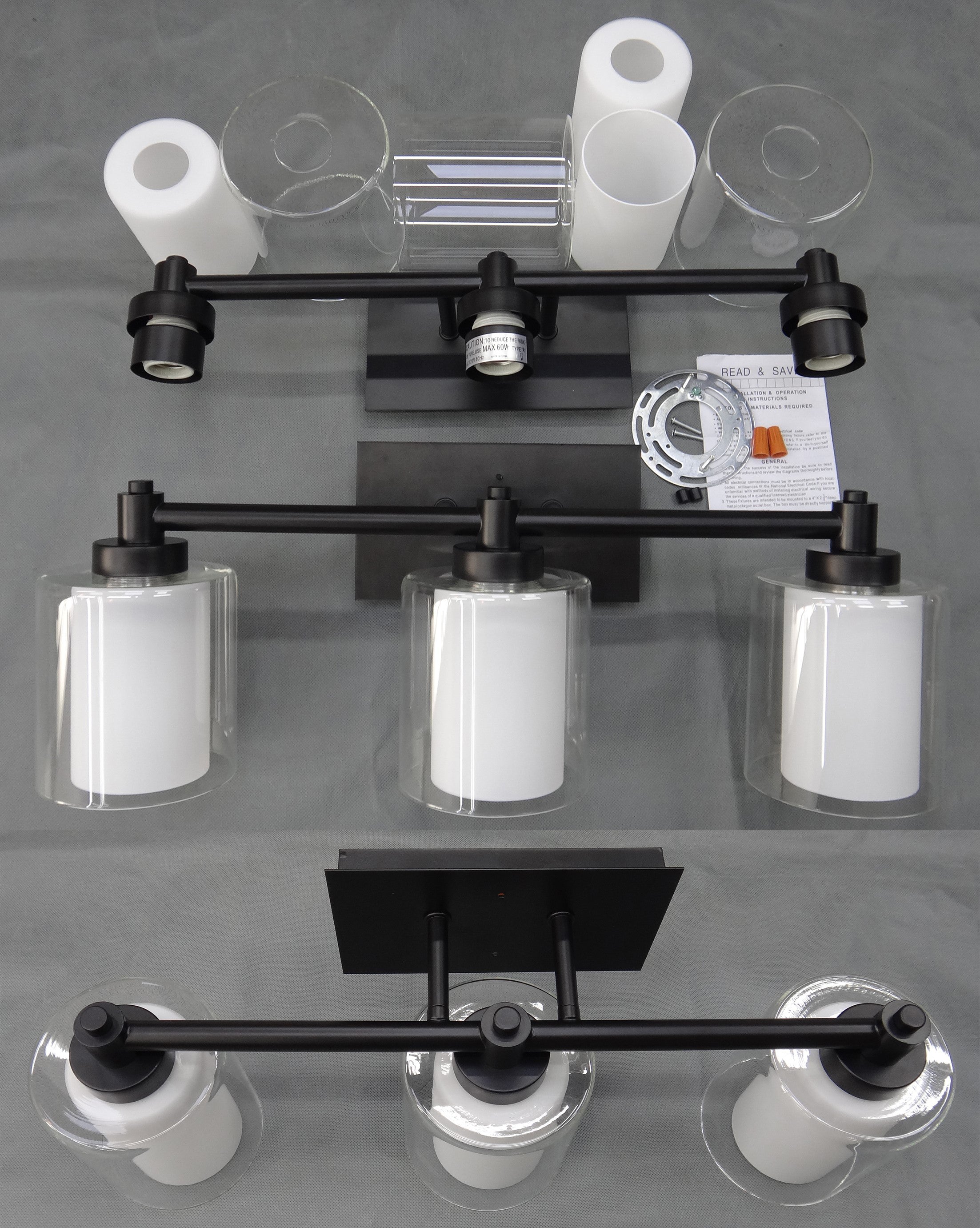 3-Light Matte Black Vanity Light with Clear & White Glass