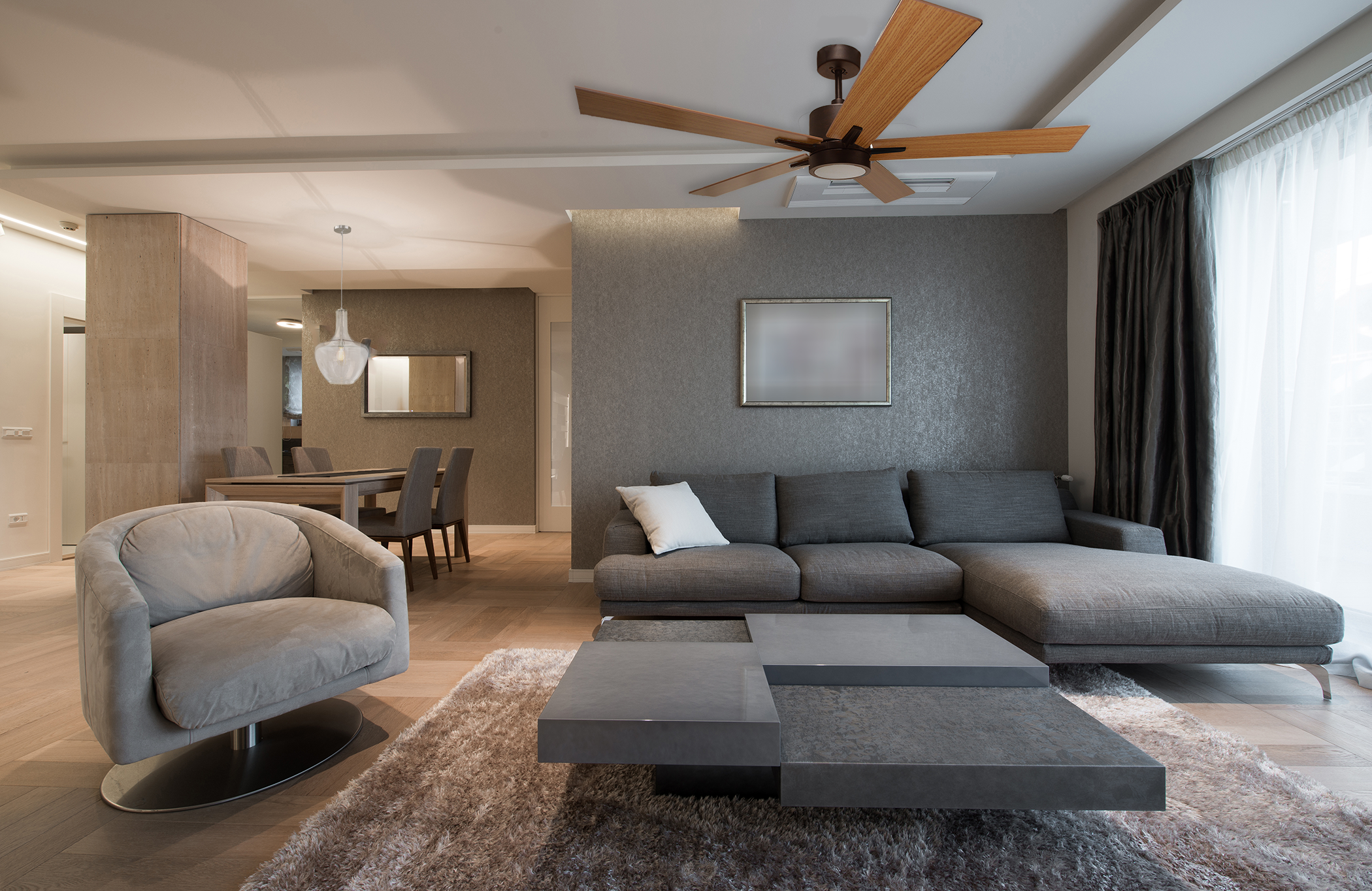 Rubbed Bronze Cylinder Ceiling Fan with Oak/Walnut Blades and Wall Control living room
