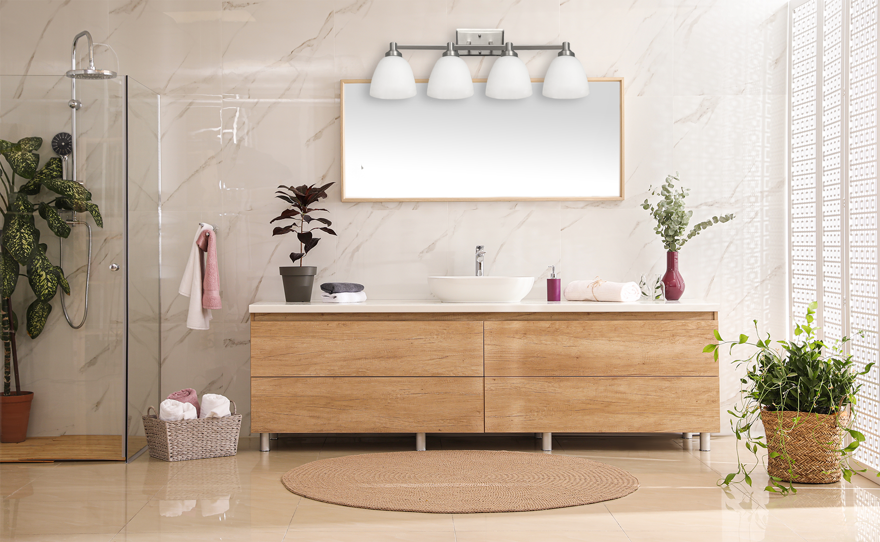 4-Light Nickel Vanity Bar over mirror - White Dome Shades