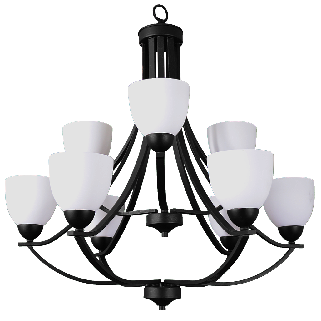 9-Light Chandelier Finish Matte Black with White Glass