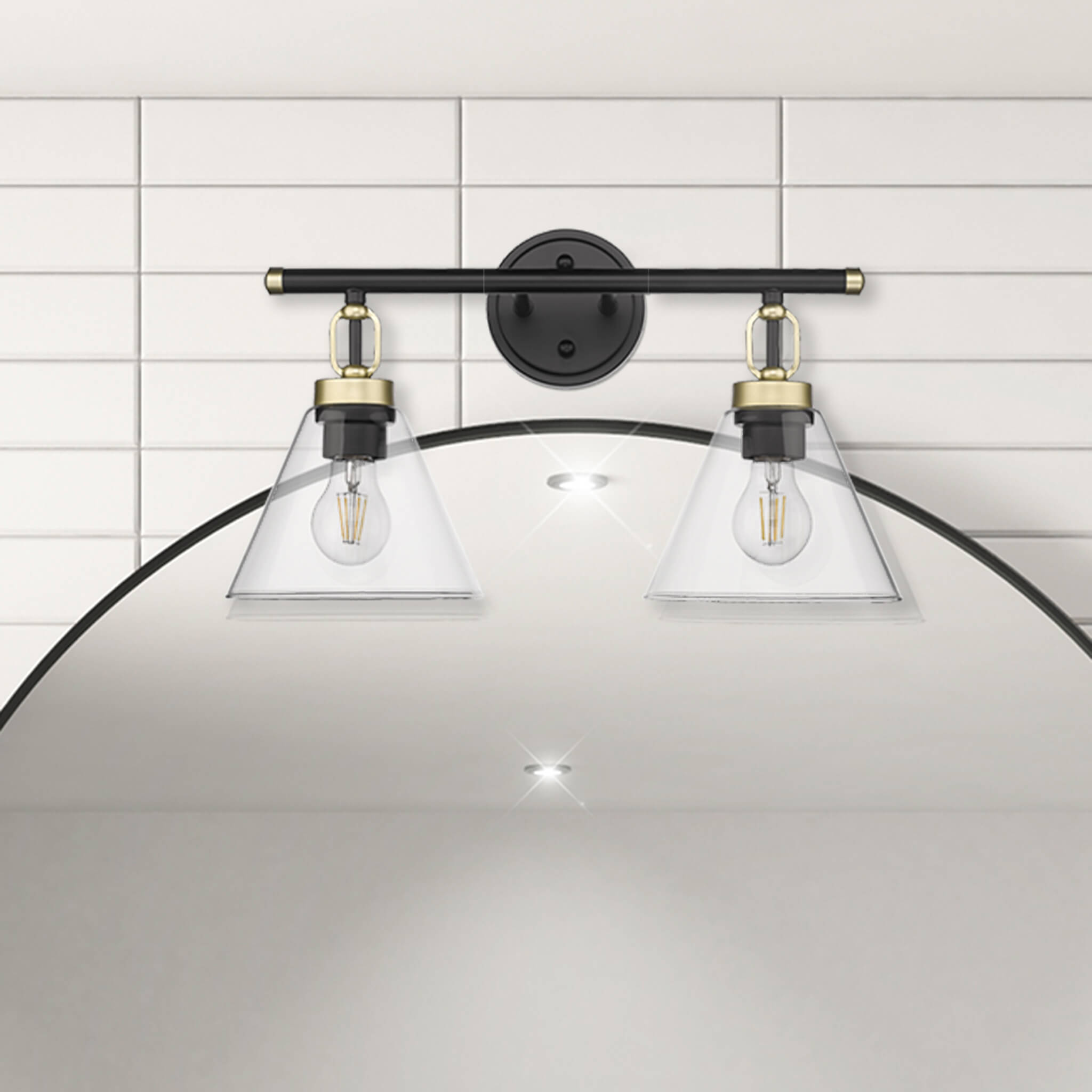 2 light modern vanity light fixture over mirror black and gold