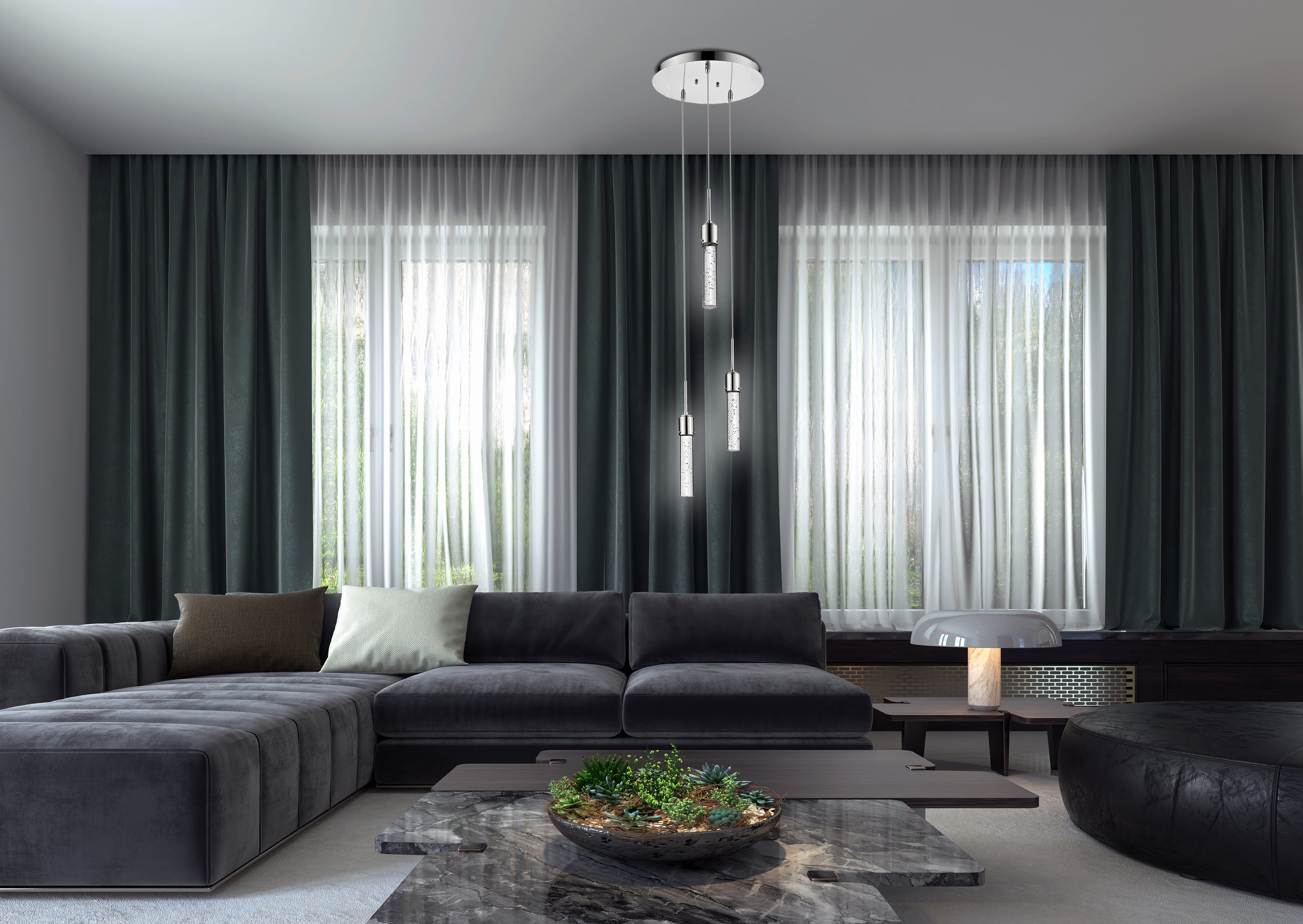3 light bubble glass cylinder pendant light nickel living room