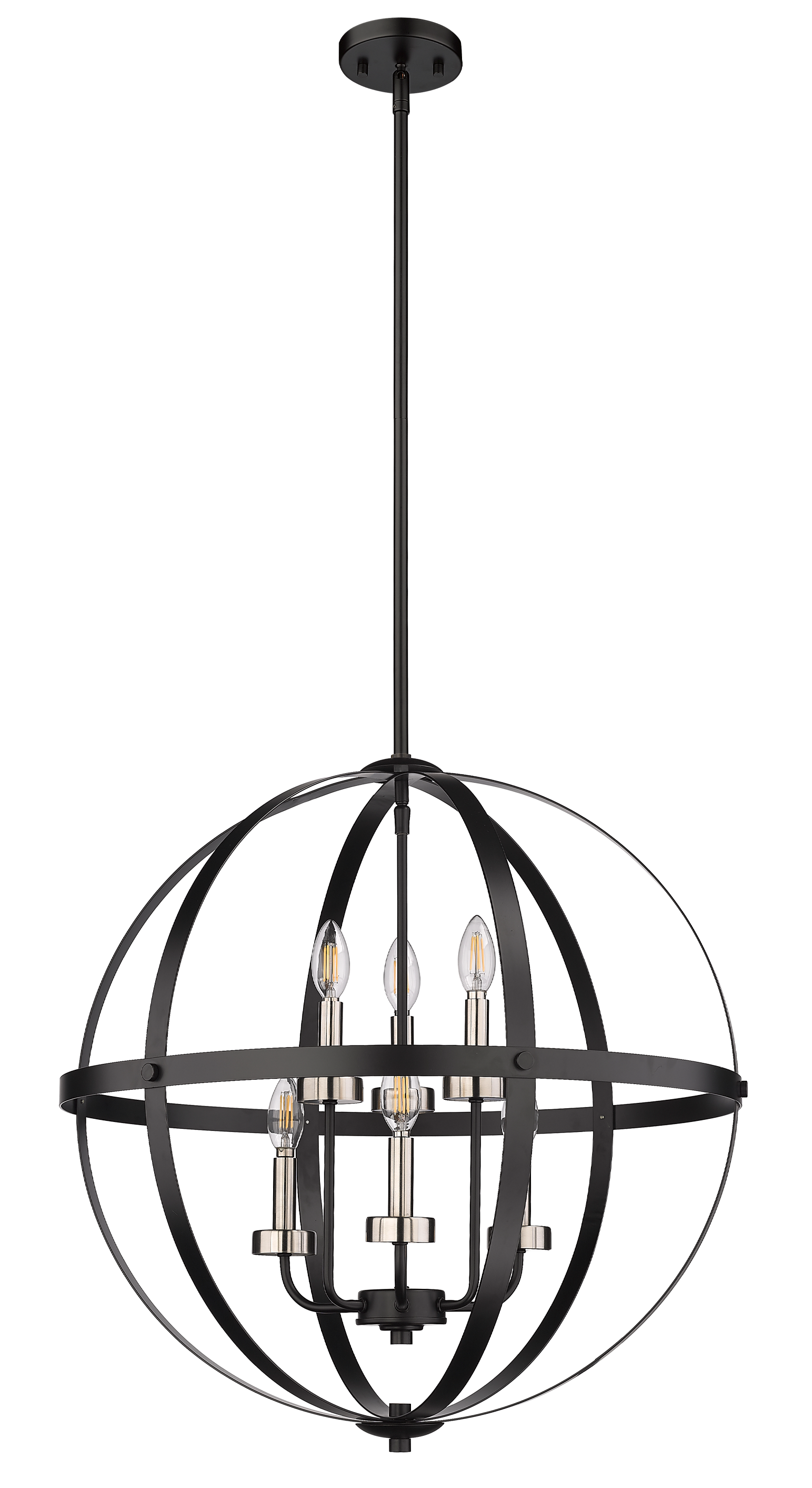 Modern black globe chandelier staircase