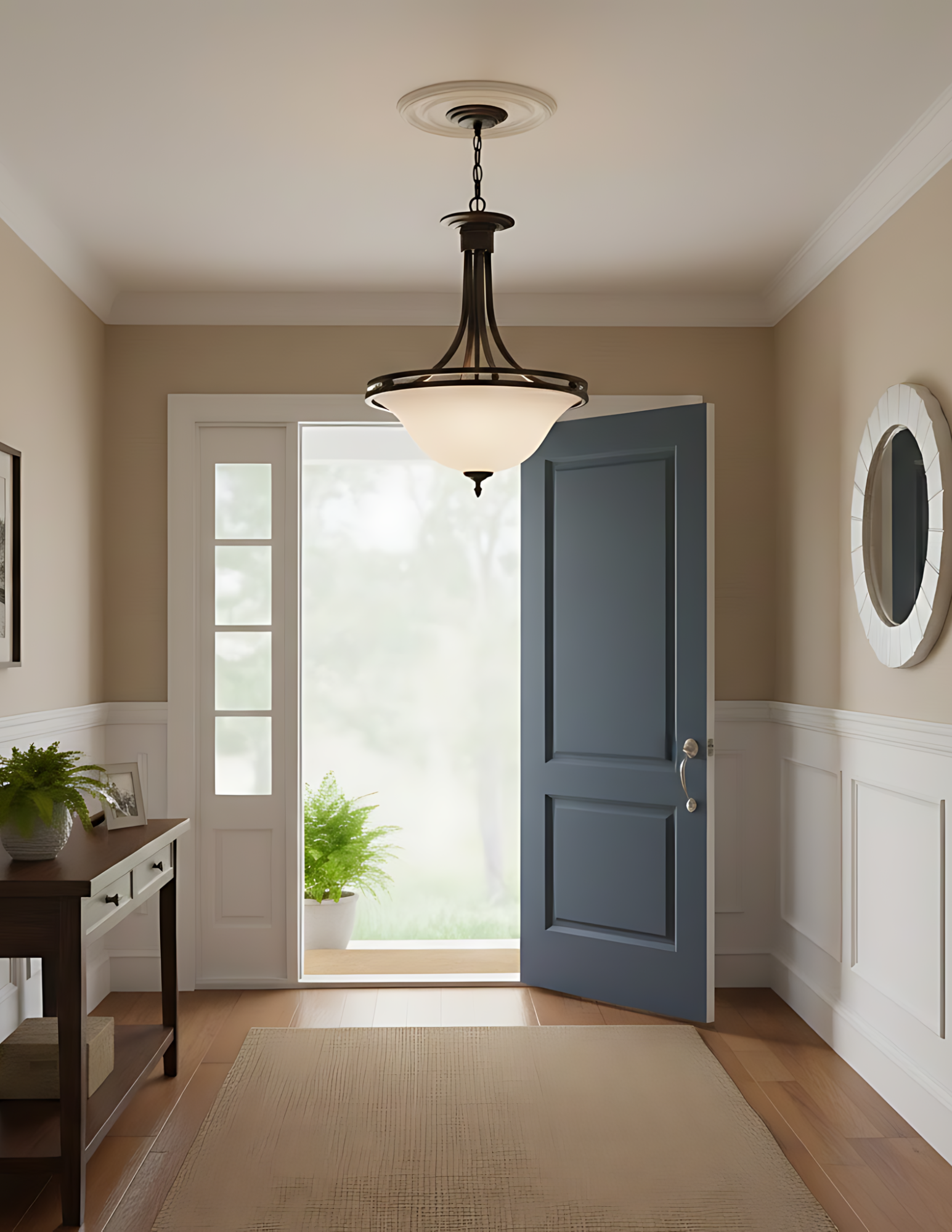 Austin 16' Glass Bowl Entry Fixture White - Sleek Pendants in Rubbed Bronze