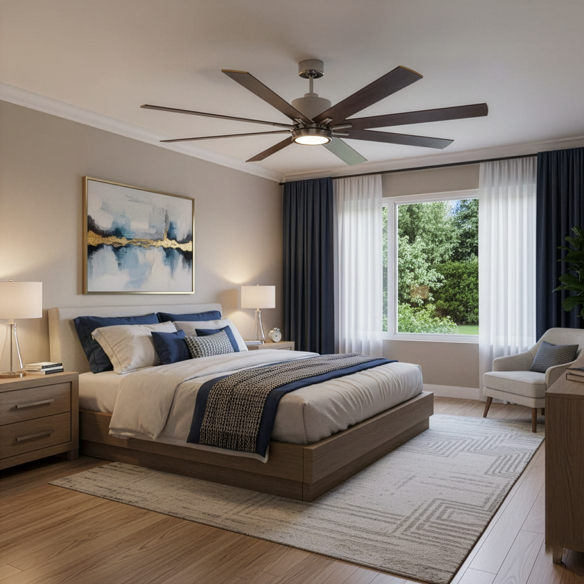 8-Blade 66" Fan Silver/Walnut Blades 16W LED Light Kit 3000K - Chic Indoor Fans in Brushed Nickel