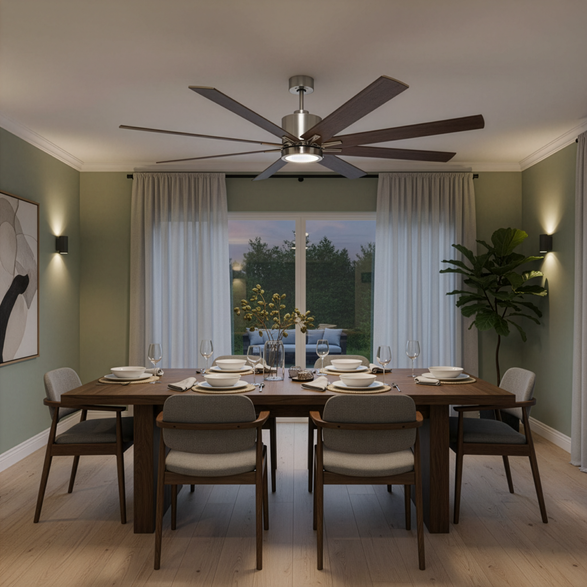 8-Blade 66" Fan Silver/Walnut Blades 16W LED Light Kit 3000K - Chic Indoor Fans in Brushed Nickel