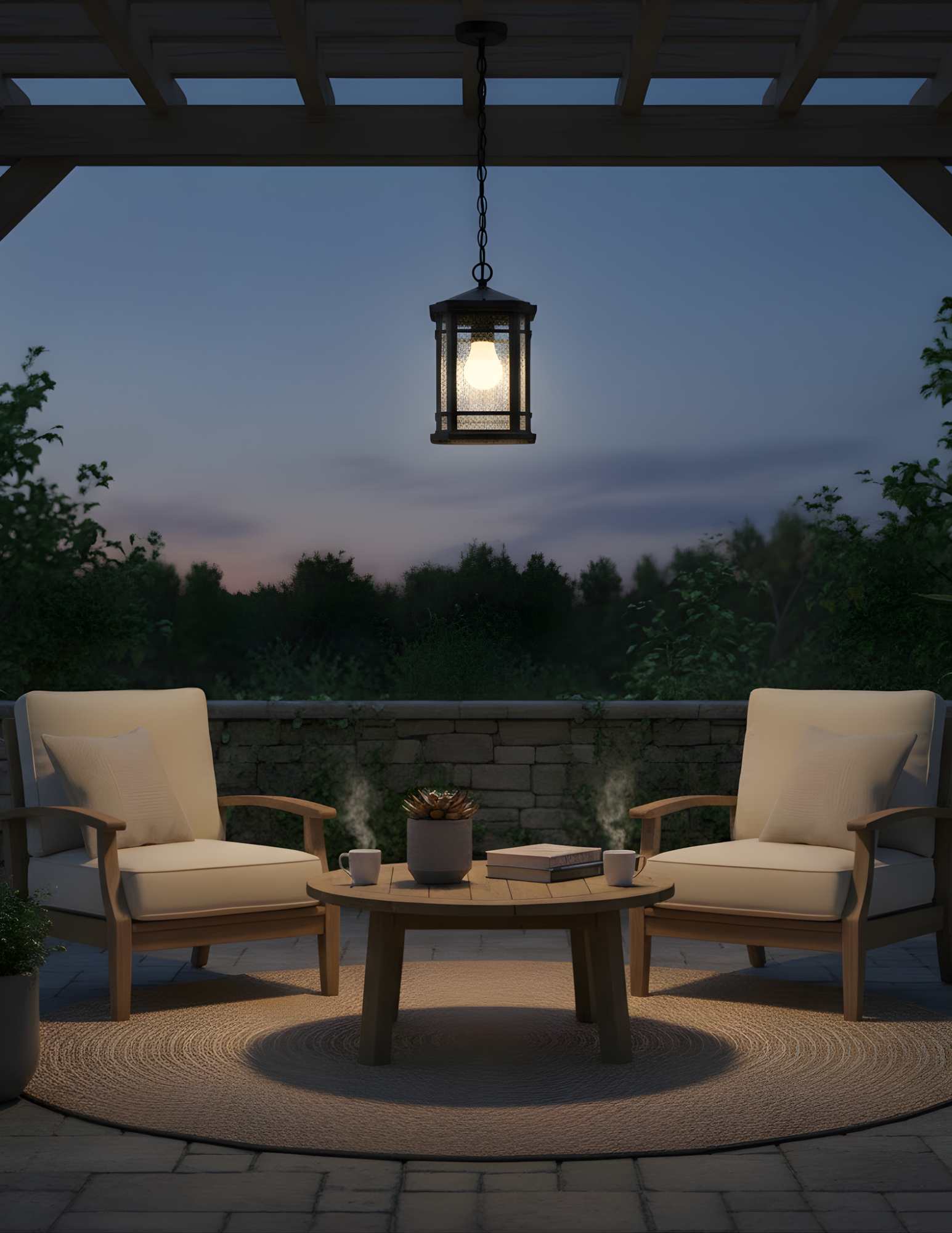 Cay Hanging Coach Light - Textured Black - Clear Seeded Glass - Transitional Exterior