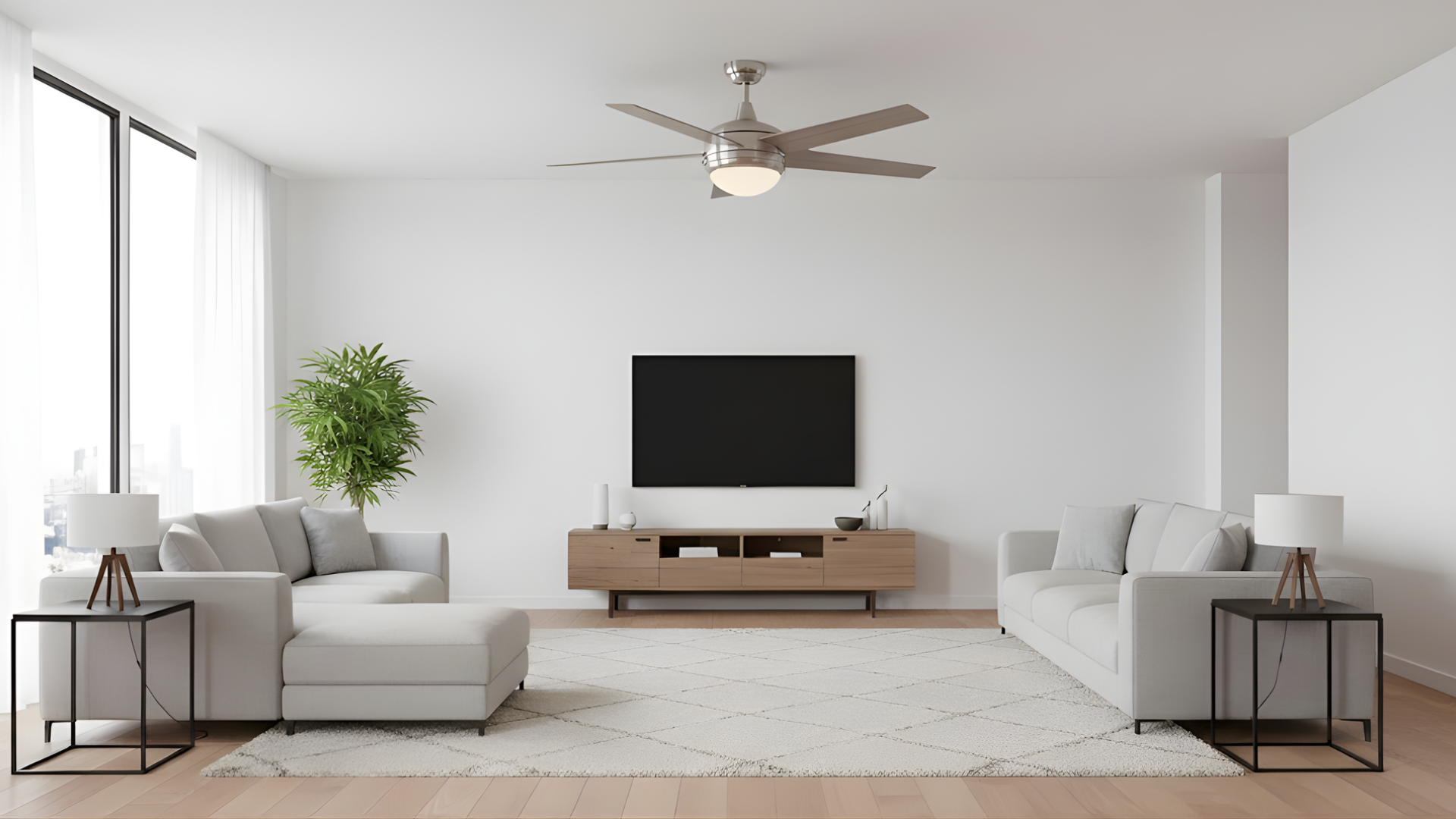5-Blade Contemporary Ceiling Fan - Silver/Walnut Blades - Architectural-Inspired Indoor Fans in Brushed Nickel